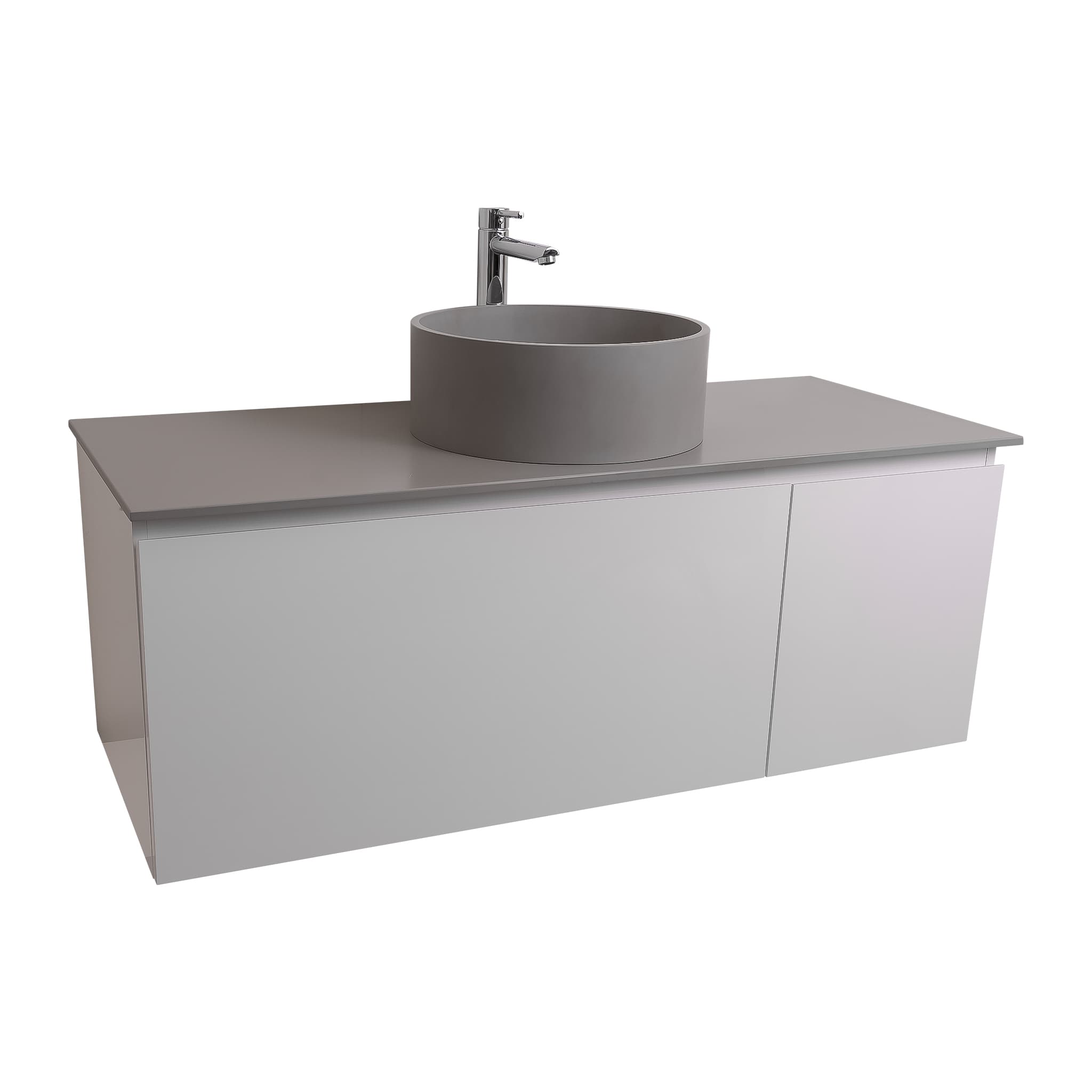 Venice 47.5 White High Gloss Cabinet, Solid Surface Flat Grey Counter And Round Solid Surface Grey Basin 1386, Wall Mounted Modern Vanity Set