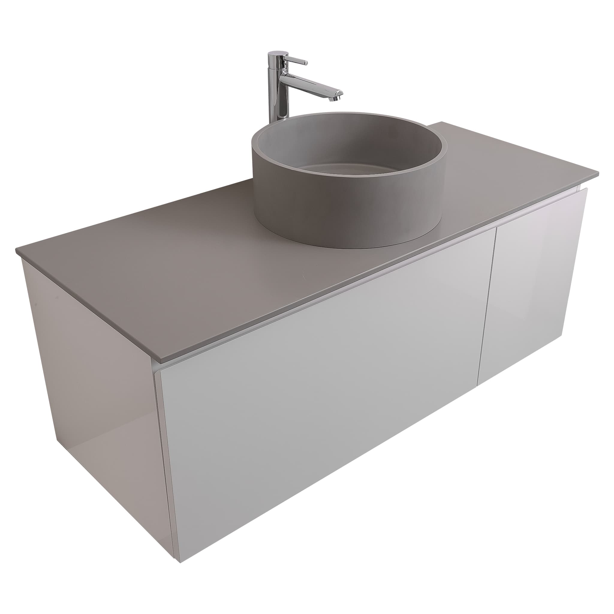 Venice 47.5 White High Gloss Cabinet, Solid Surface Flat Grey Counter And Round Solid Surface Grey Basin 1386, Wall Mounted Modern Vanity Set