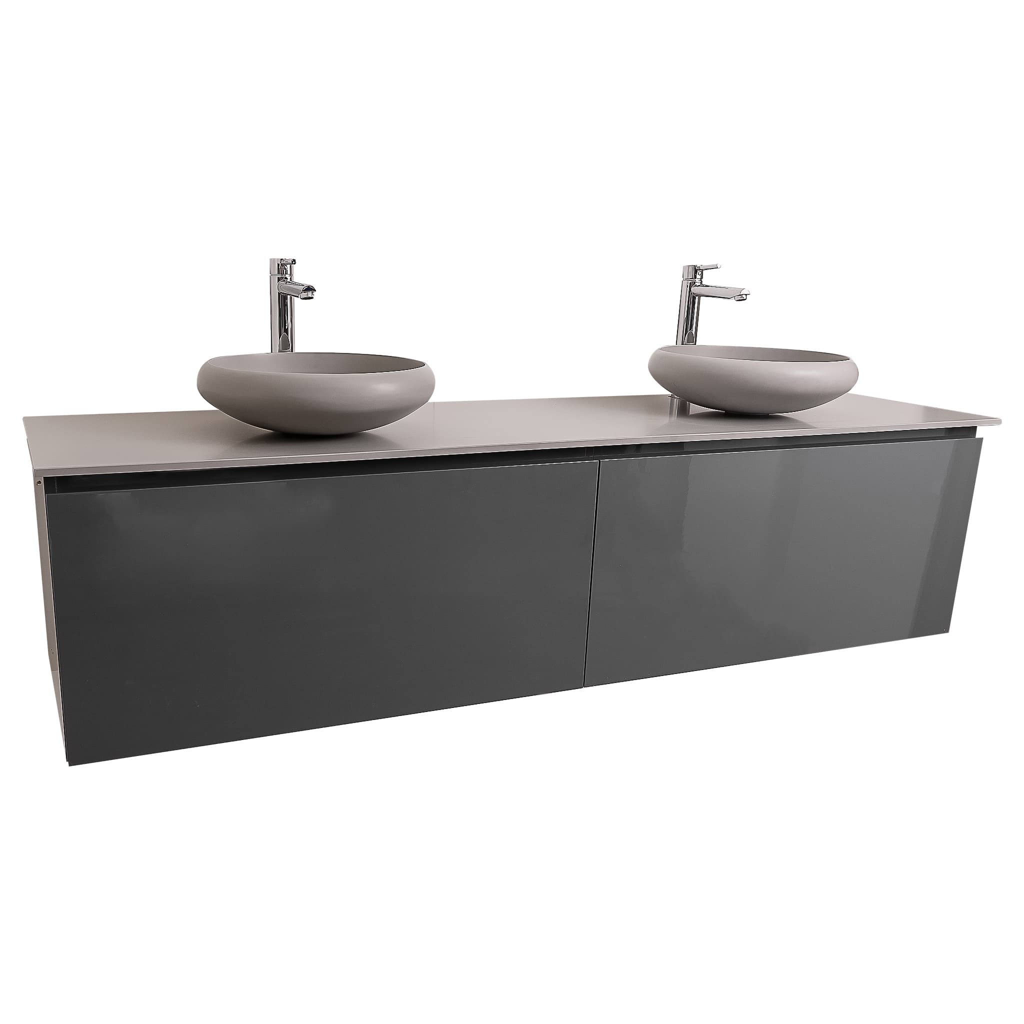 Venice 63 Anthracite High Gloss Cabinet, Solid Surface Flat Grey Counter And Two Round Solid Surface Grey Basin 1153, Wall Mounted Modern Vanity Set