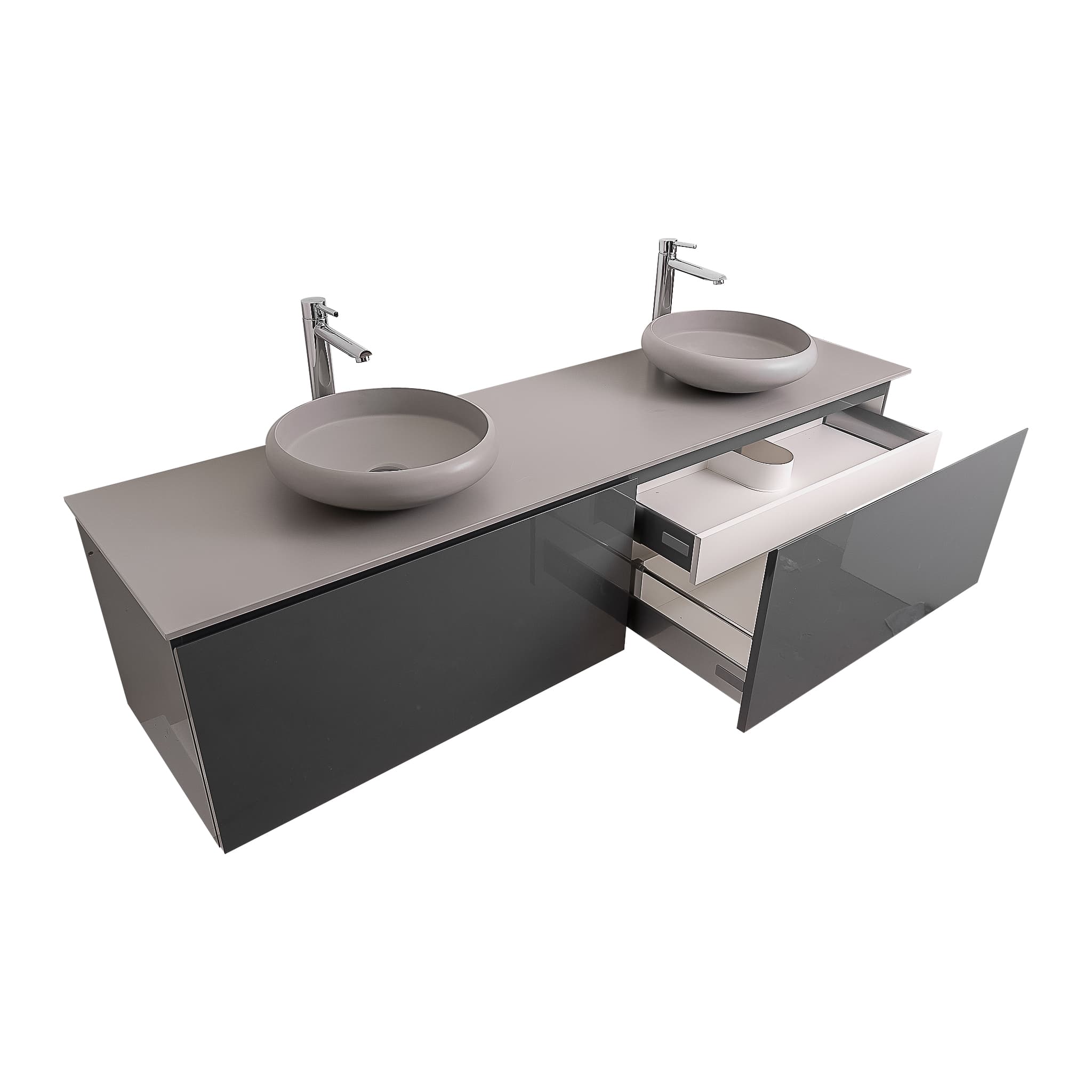 Venice 63 Anthracite High Gloss Cabinet, Solid Surface Flat Grey Counter And Two Round Solid Surface Grey Basin 1153, Wall Mounted Modern Vanity Set