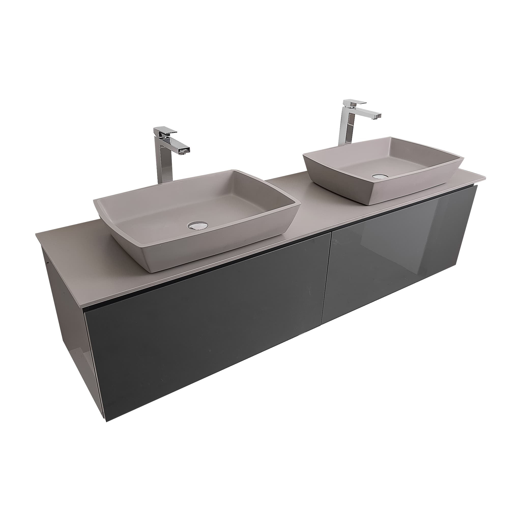 Venice 63 Anthracite High Gloss Cabinet, Solid Surface Flat Grey Counter And Two Square Solid Surface Grey Basin 1316, Wall Mounted Modern Vanity Set