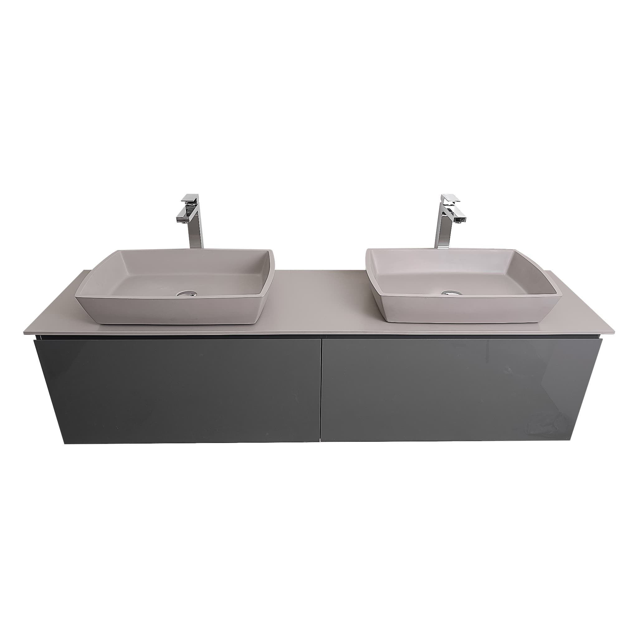 Venice 63 Anthracite High Gloss Cabinet, Solid Surface Flat Grey Counter And Two Square Solid Surface Grey Basin 1316, Wall Mounted Modern Vanity Set
