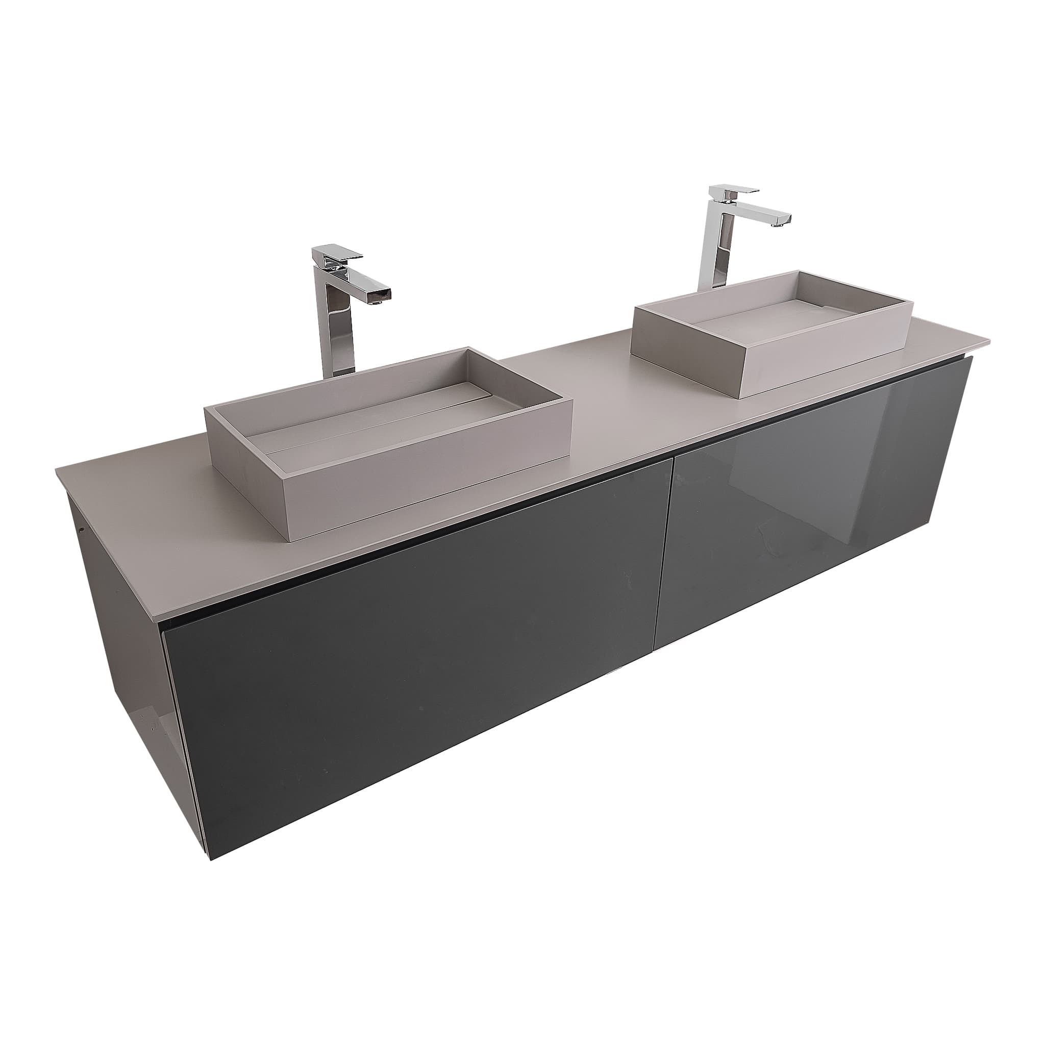Venice 63 Anthracite High Gloss Cabinet, Solid Surface Flat Grey Counter And Two Two Infinity Square Solid Surface Grey Basin 1329, Wall Mounted Modern Vanity Set