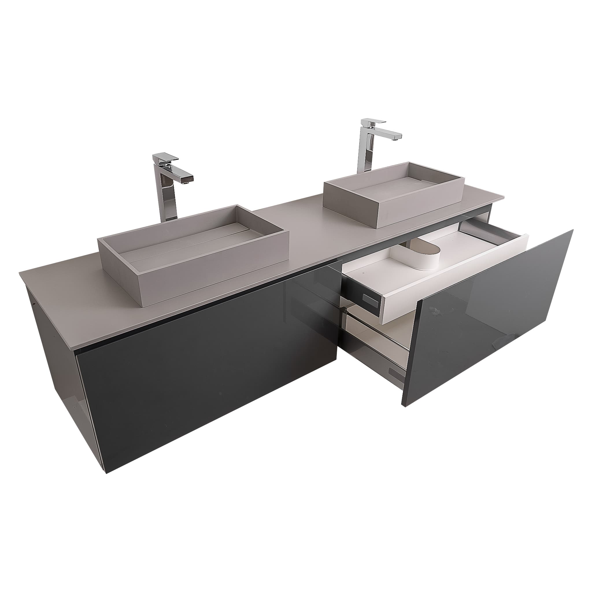 Venice 63 Anthracite High Gloss Cabinet, Solid Surface Flat Grey Counter And Two Two Infinity Square Solid Surface Grey Basin 1329, Wall Mounted Modern Vanity Set