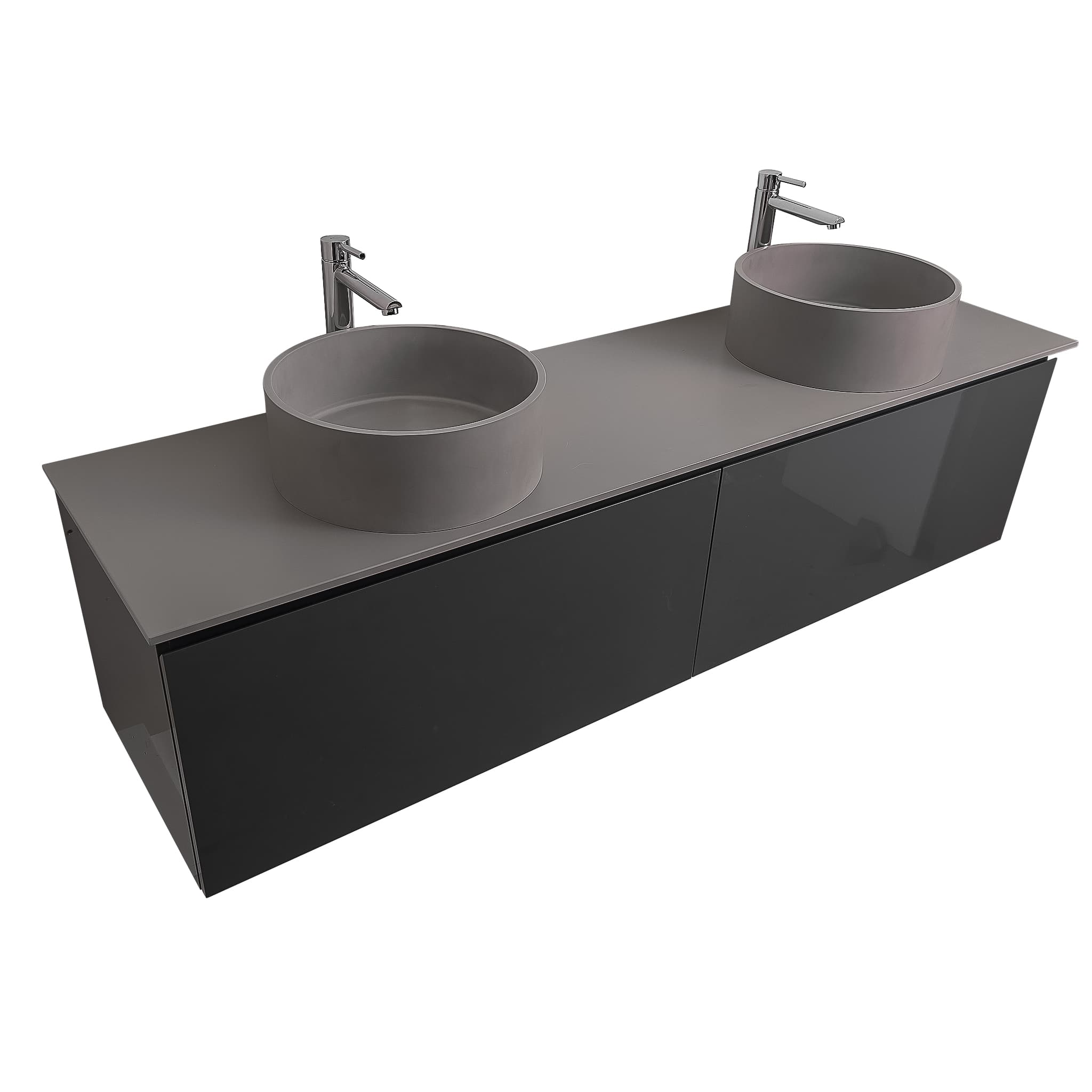 Venice 63 Anthracite High Gloss Cabinet, Solid Surface Flat Grey Counter And Two Round Solid Surface Grey Basin 1386, Wall Mounted Modern Vanity Set
