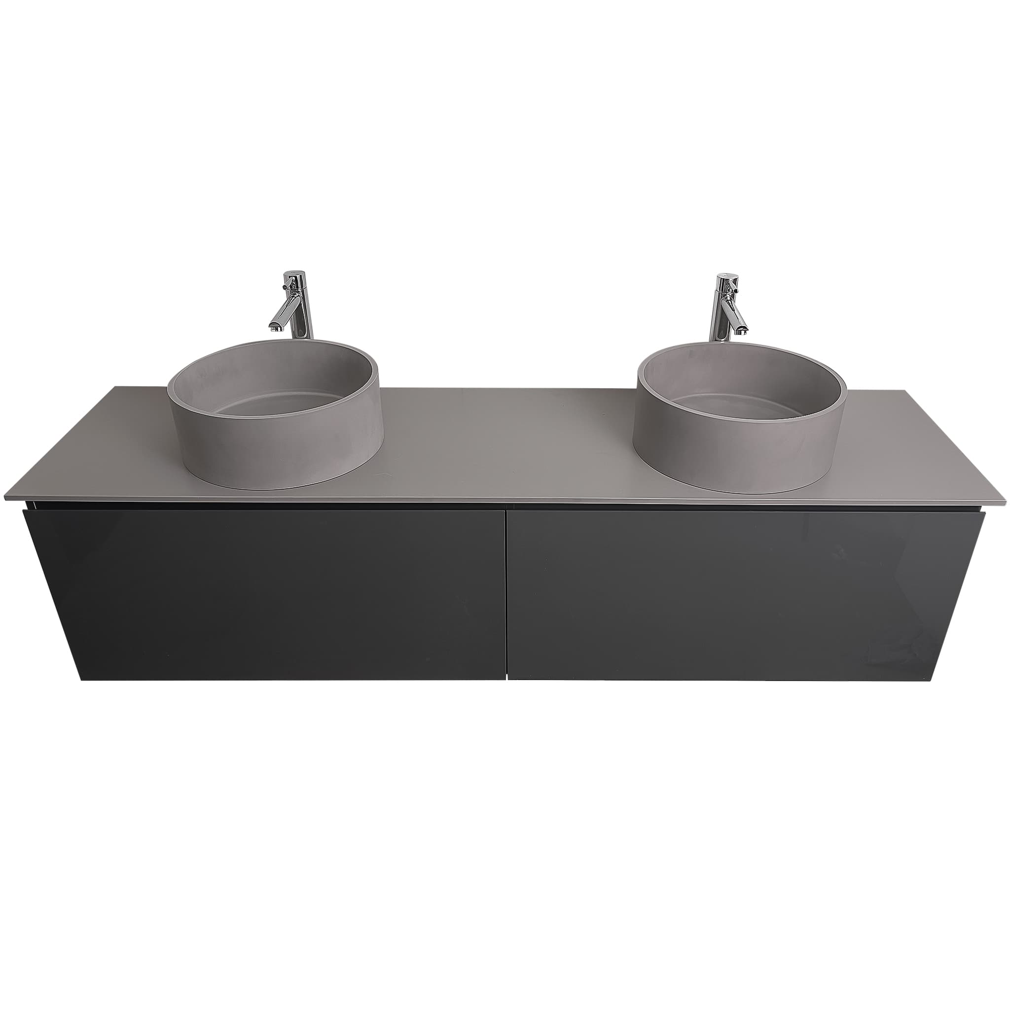 Venice 63 Anthracite High Gloss Cabinet, Solid Surface Flat Grey Counter And Two Round Solid Surface Grey Basin 1386, Wall Mounted Modern Vanity Set