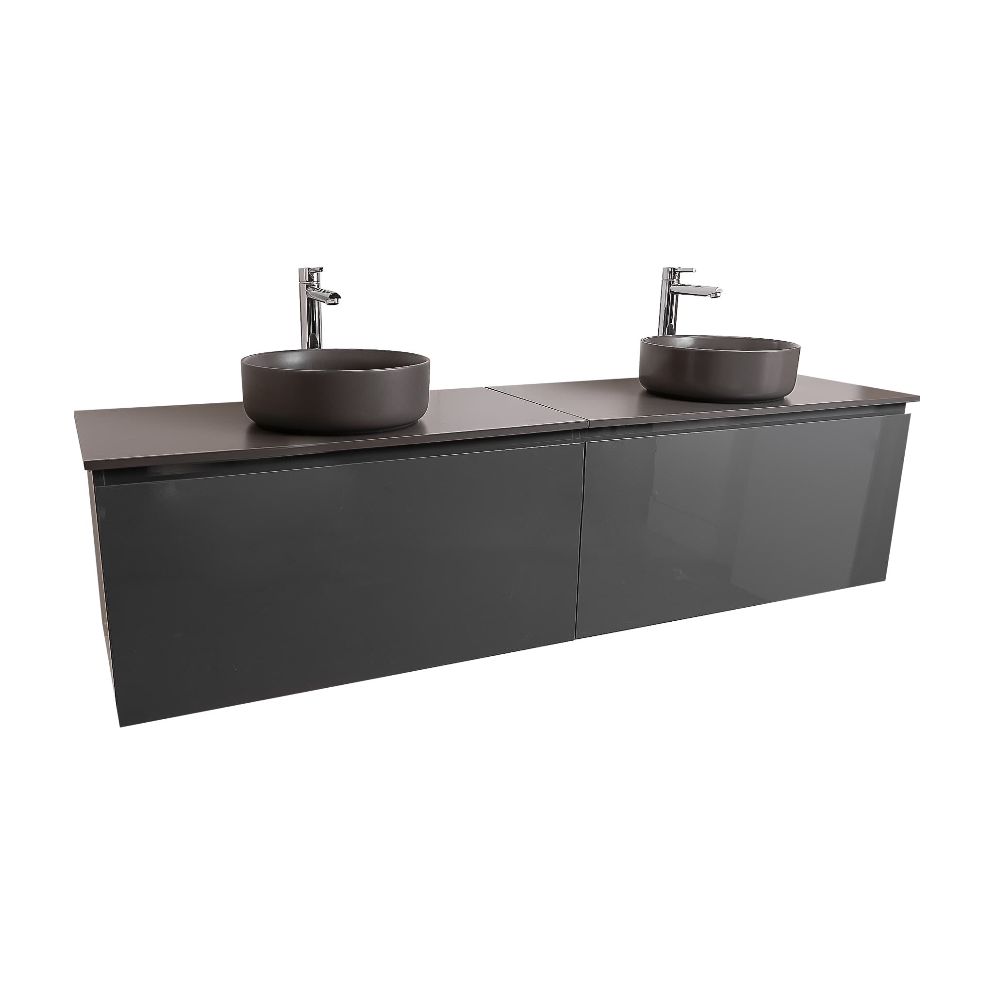 Venice 63 Anthracite High Gloss Cabinet, Ares Grey Ceniza Top And Two Ares Grey Ceniza Ceramic Basin, Wall Mounted Modern Vanity Set