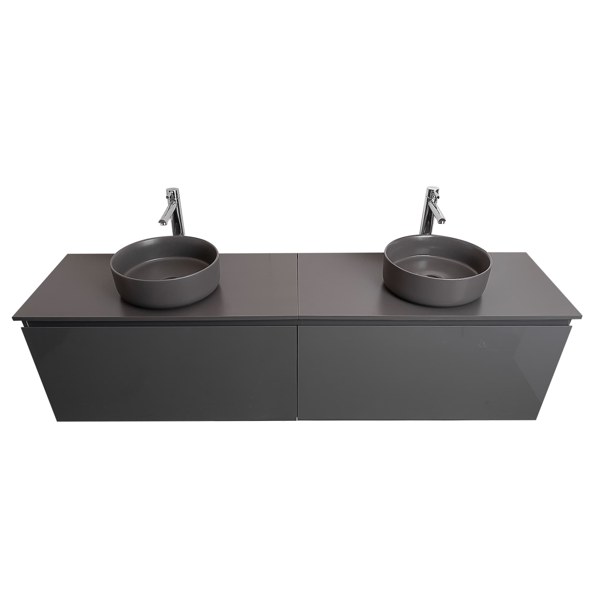 Venice 63 Anthracite High Gloss Cabinet, Ares Grey Ceniza Top And Two Ares Grey Ceniza Ceramic Basin, Wall Mounted Modern Vanity Set