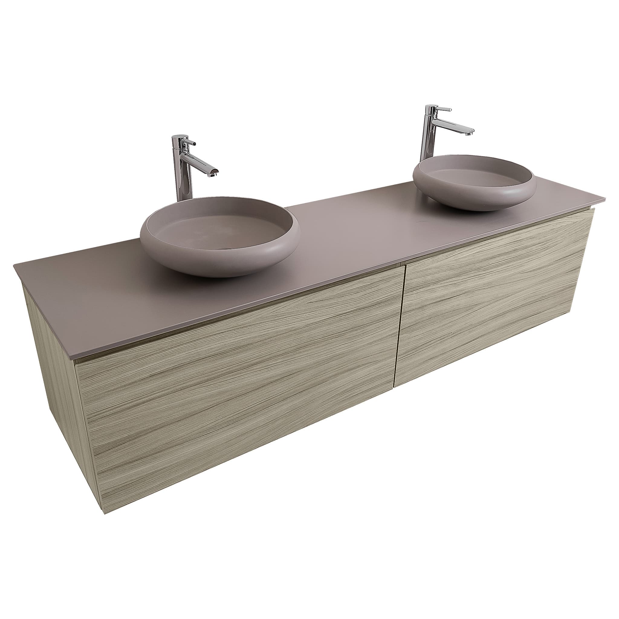 Venice 63 Nilo Grey Wood Texture Cabinet, Solid Surface Flat Grey Counter And Two Round Solid Surface Grey Basin 1153, Wall Mounted Modern Vanity Set