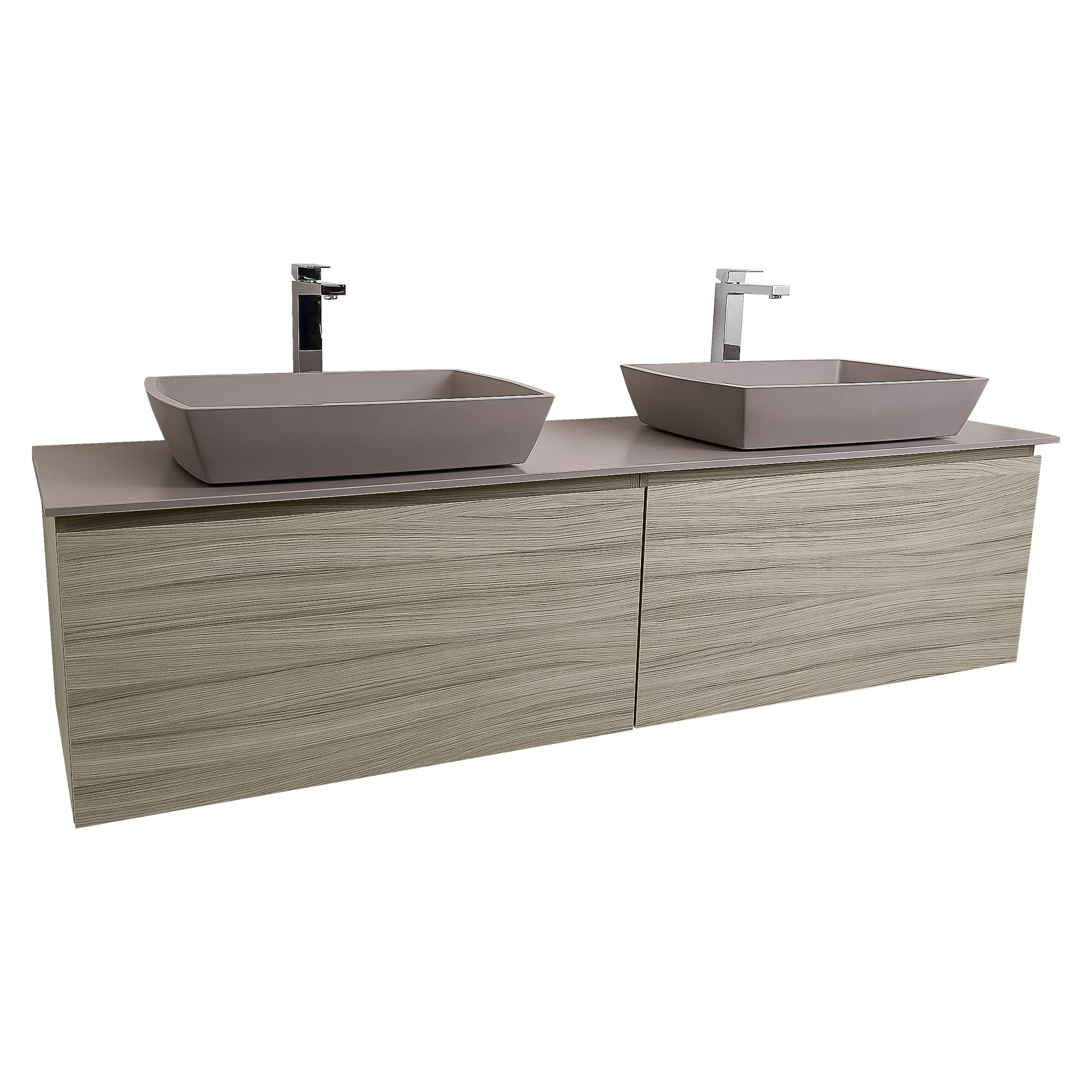 Venice 63 Nilo Grey Wood Texture Cabinet, Solid Surface Flat Grey Counter And Two Square Solid Surface Grey Basin 1316, Wall Mounted Modern Vanity Set