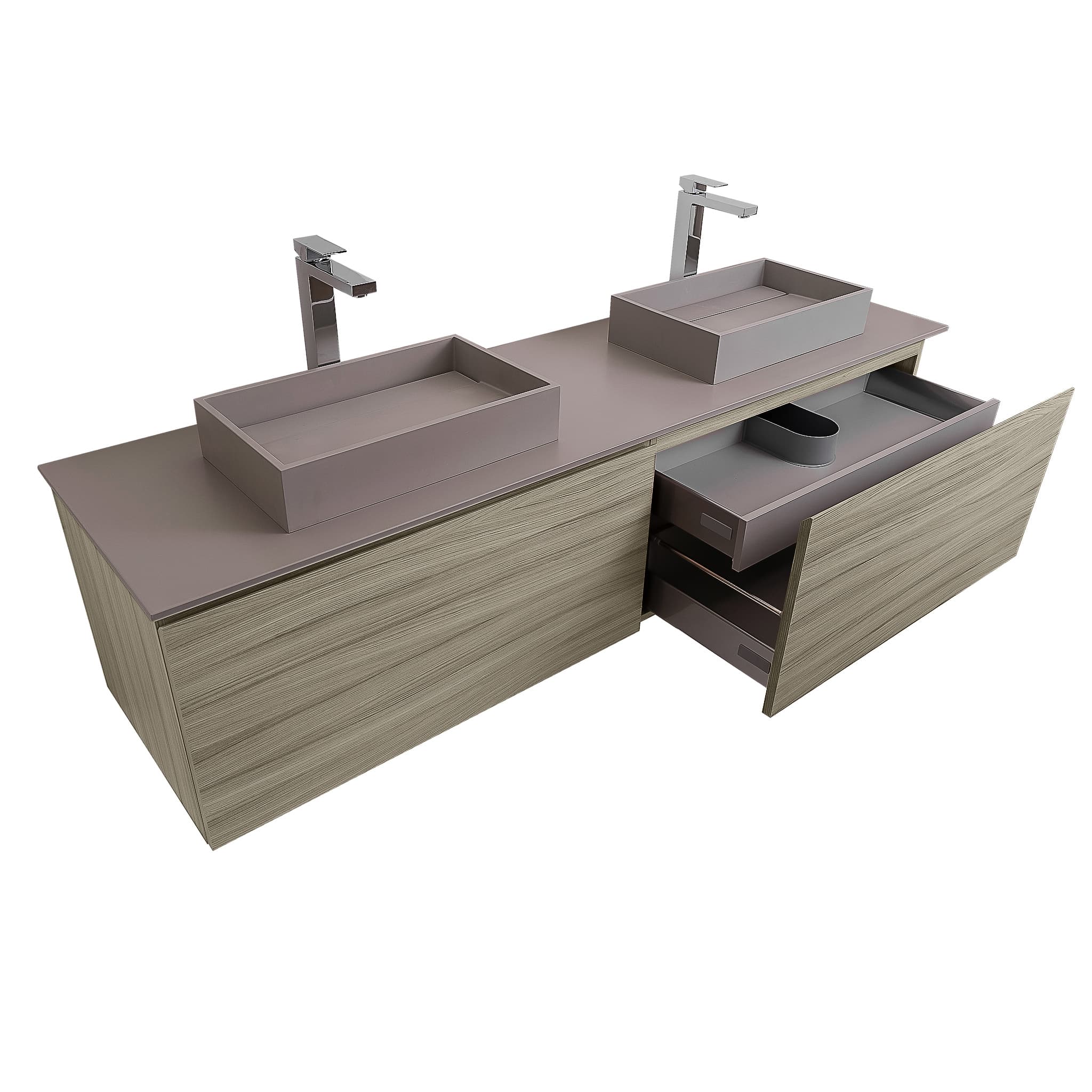 Venice 63 Nilo Grey Wood Texture Cabinet, Solid Surface Flat Grey Counter And Two Two Infinity Square Solid Surface Grey Basin 1329, Wall Mounted Modern Vanity Set