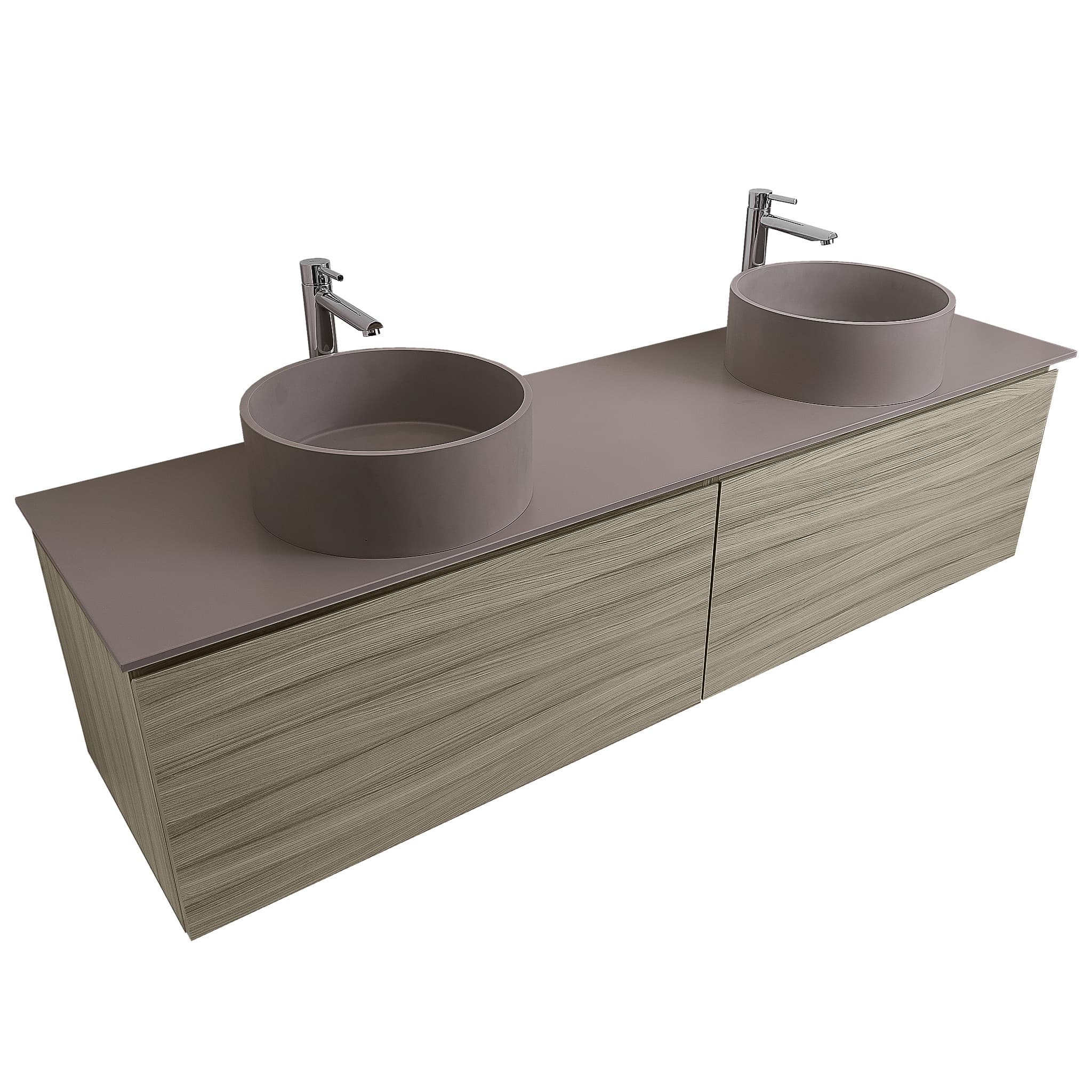 Venice 63 Nilo Grey Wood Texture Cabinet, Solid Surface Flat Grey Counter And Two Round Solid Surface Grey Basin 1386, Wall Mounted Modern Vanity Set