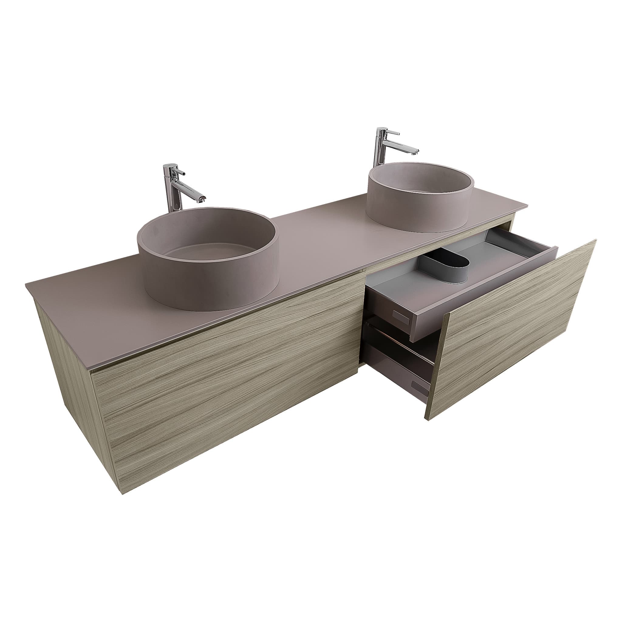 Venice 63 Nilo Grey Wood Texture Cabinet, Solid Surface Flat Grey Counter And Two Round Solid Surface Grey Basin 1386, Wall Mounted Modern Vanity Set