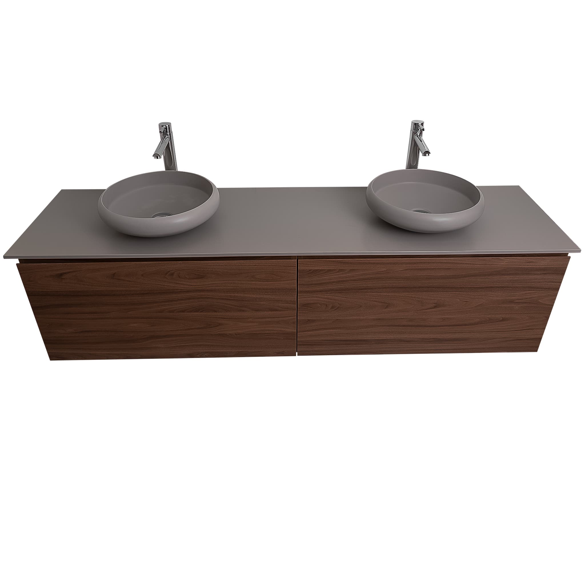 Venice 63 Walnut Wood Texture Cabinet, Solid Surface Flat Grey Counter And Two Round Solid Surface Grey Basin 1153, Wall Mounted Modern Vanity Set