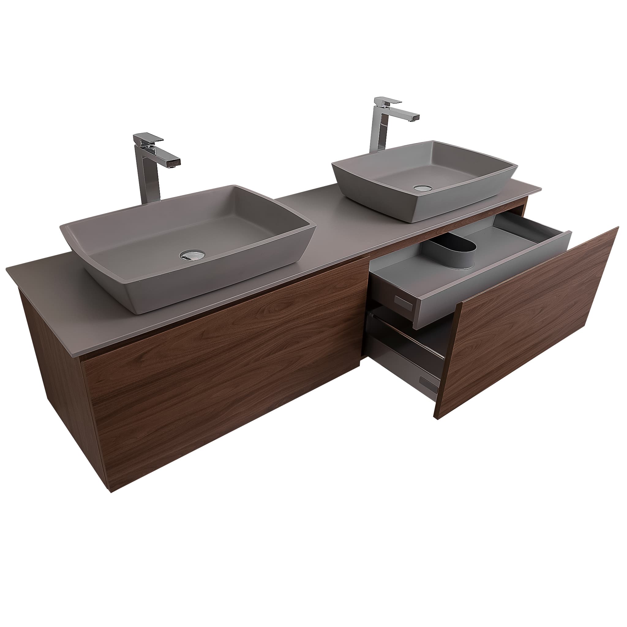 Venice 63 Walnut Wood Texture Cabinet, Solid Surface Flat Grey Counter And Two Square Solid Surface Grey Basin 1316, Wall Mounted Modern Vanity Set