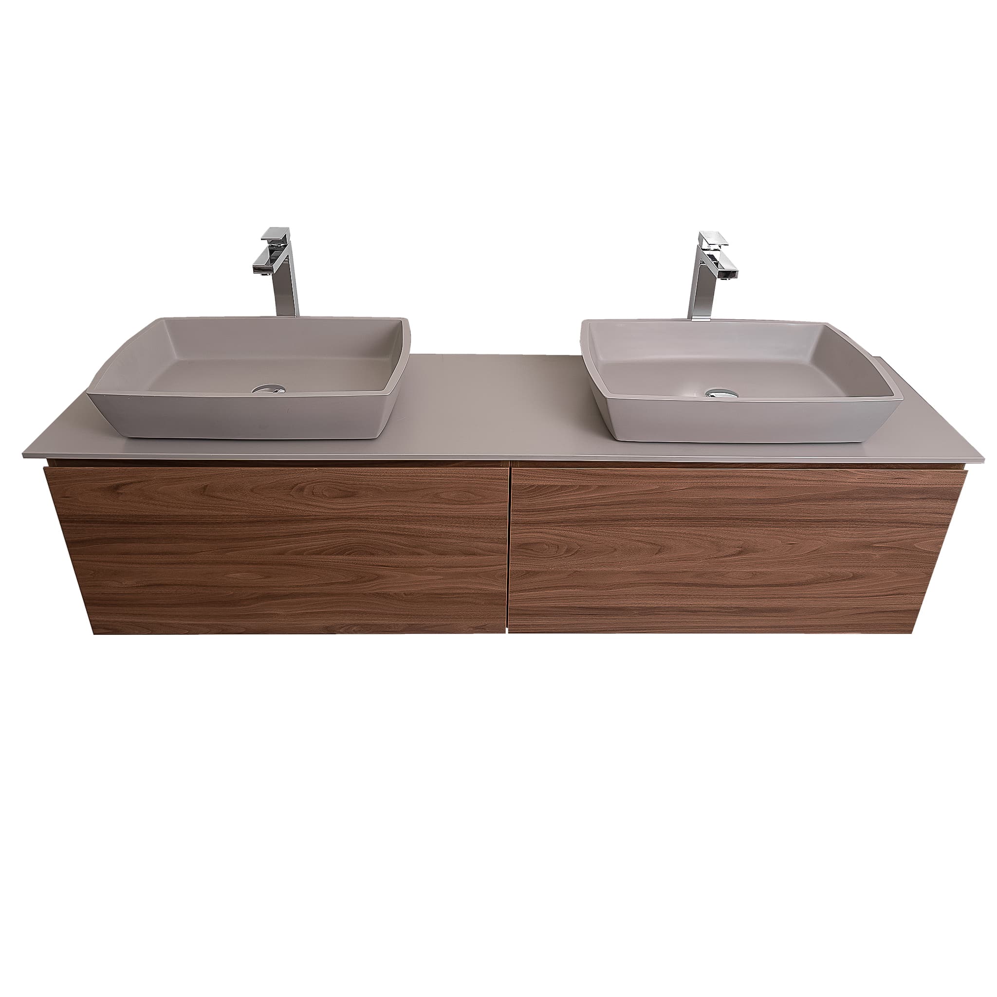 Venice 63 Walnut Wood Texture Cabinet, Solid Surface Flat Grey Counter And Two Square Solid Surface Grey Basin 1316, Wall Mounted Modern Vanity Set