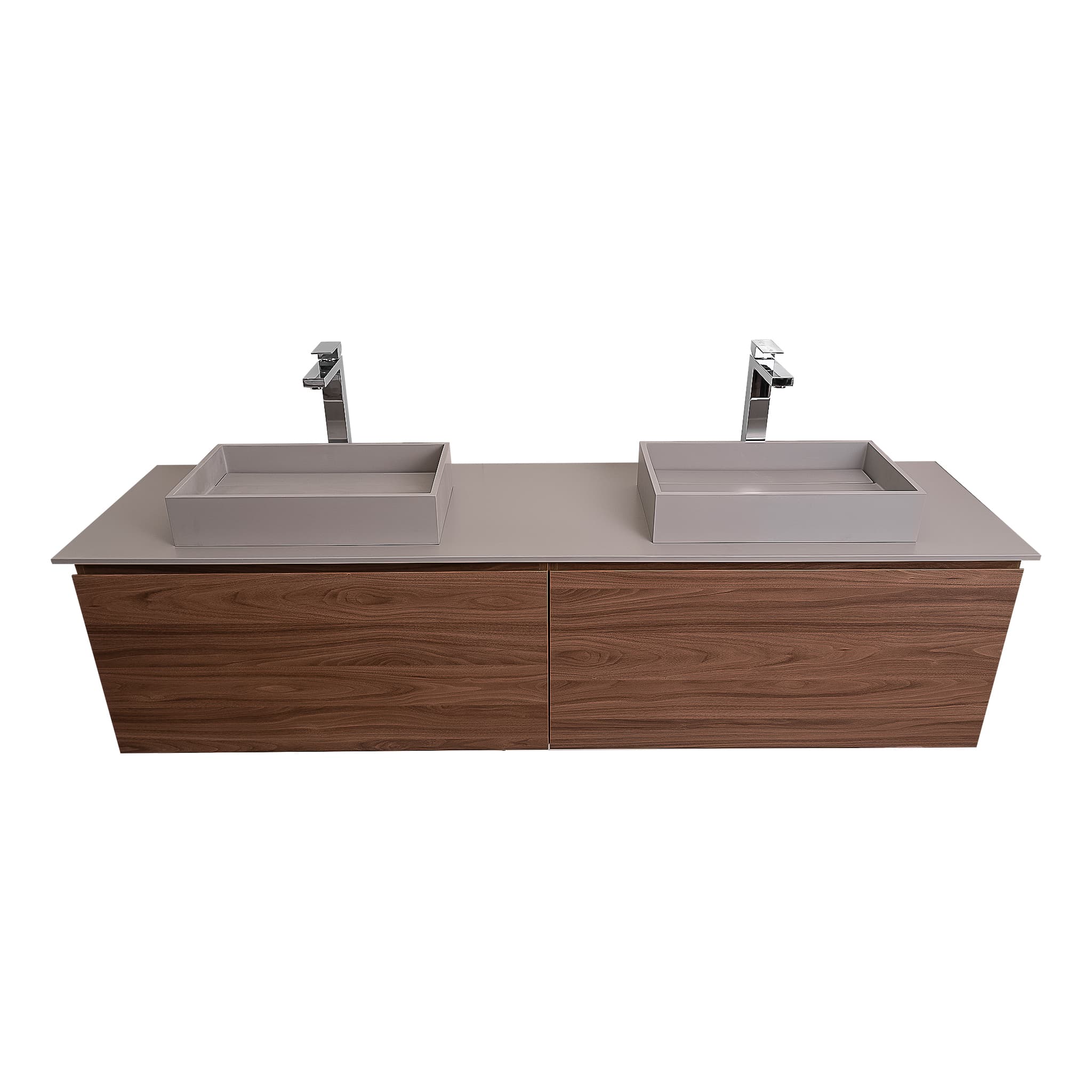 Venice 63 Walnut Wood Texture Cabinet, Solid Surface Flat Grey Counter And Two Two Infinity Square Solid Surface Grey Basin 1329, Wall Mounted Modern Vanity Set