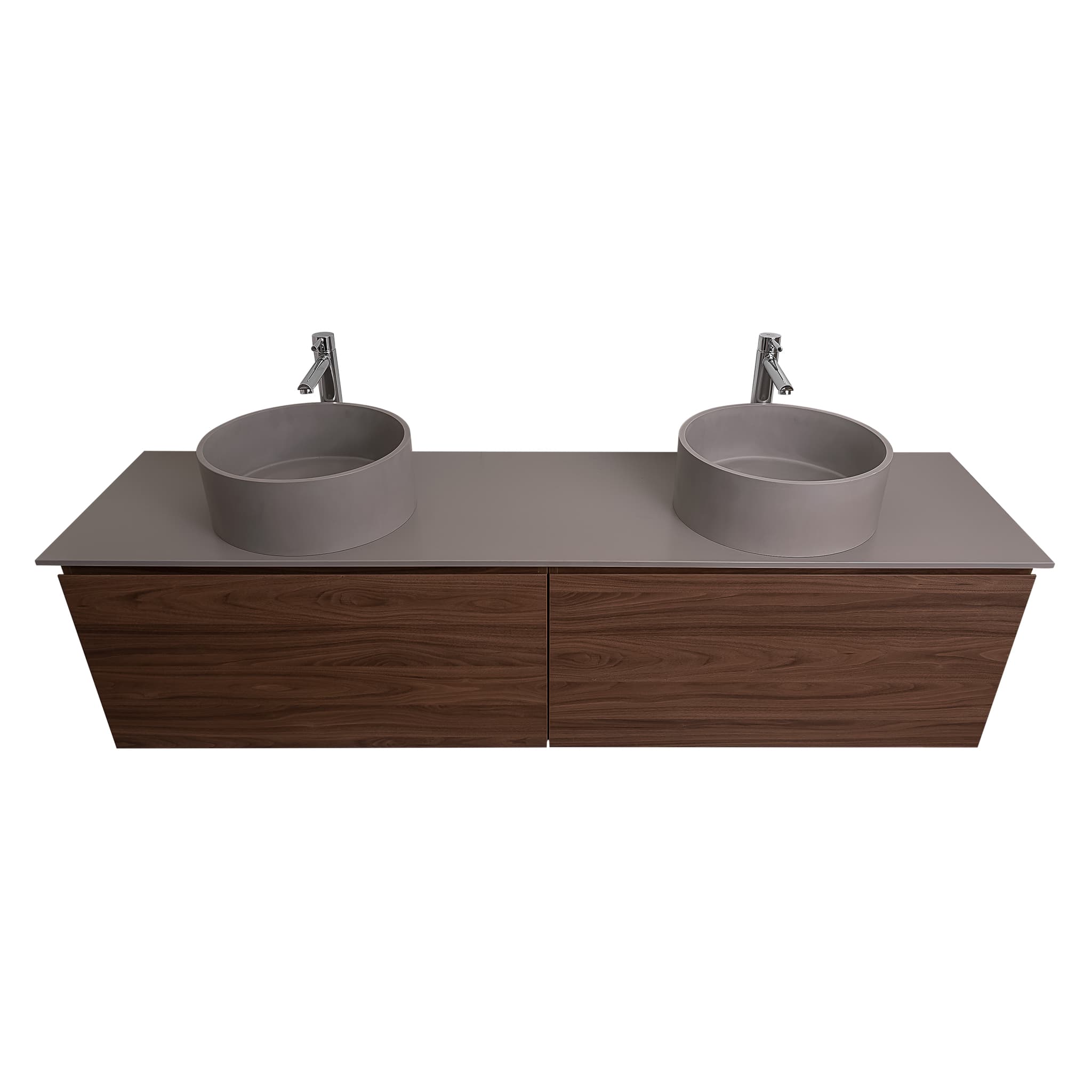Venice 63 Walnut Wood Texture Cabinet, Solid Surface Flat Grey Counter And Two Round Solid Surface Grey Basin 1386, Wall Mounted Modern Vanity Set