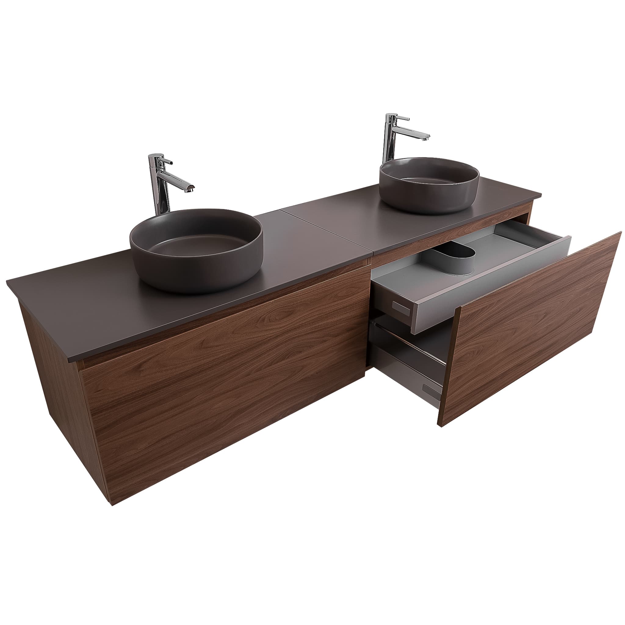 Venice 63 Walnut Wood Texture Cabinet, Ares Grey Ceniza Top And Two Ares Grey Ceniza Ceramic Basin, Wall Mounted Modern Vanity Set