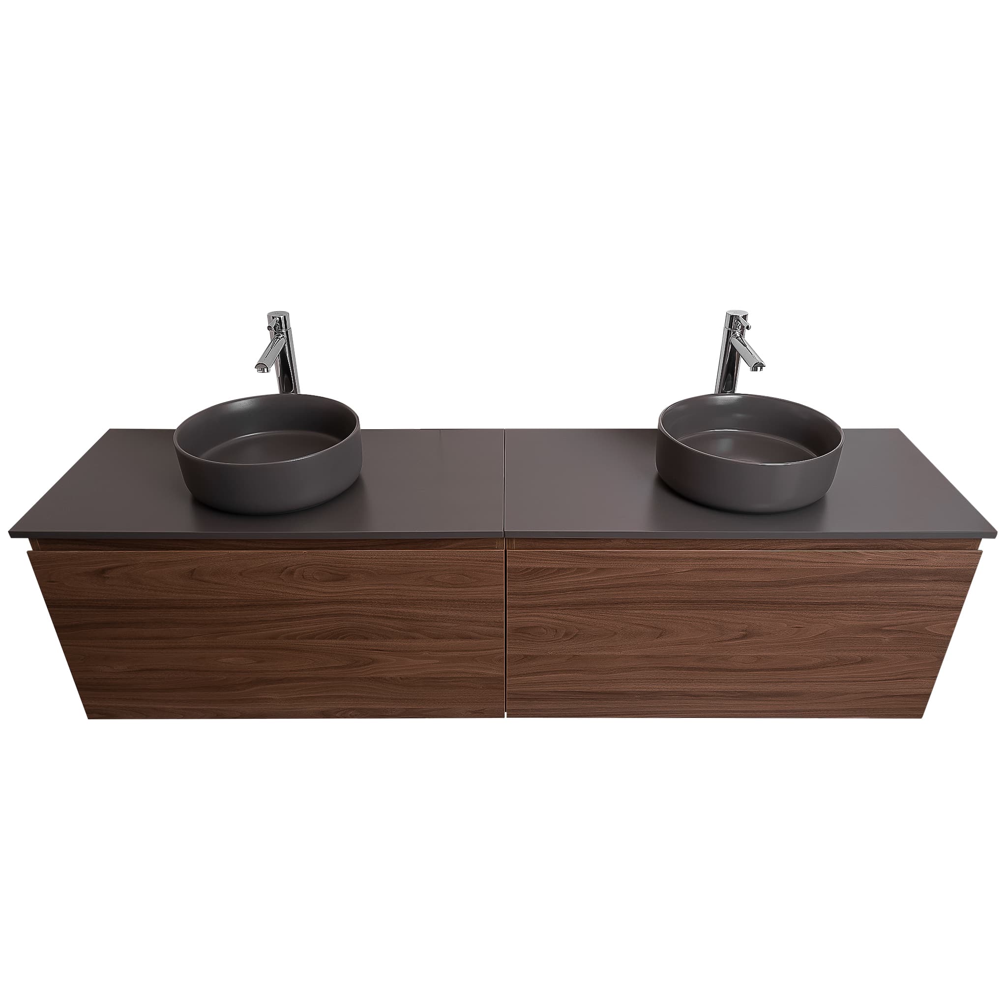 Venice 63 Walnut Wood Texture Cabinet, Ares Grey Ceniza Top And Two Ares Grey Ceniza Ceramic Basin, Wall Mounted Modern Vanity Set