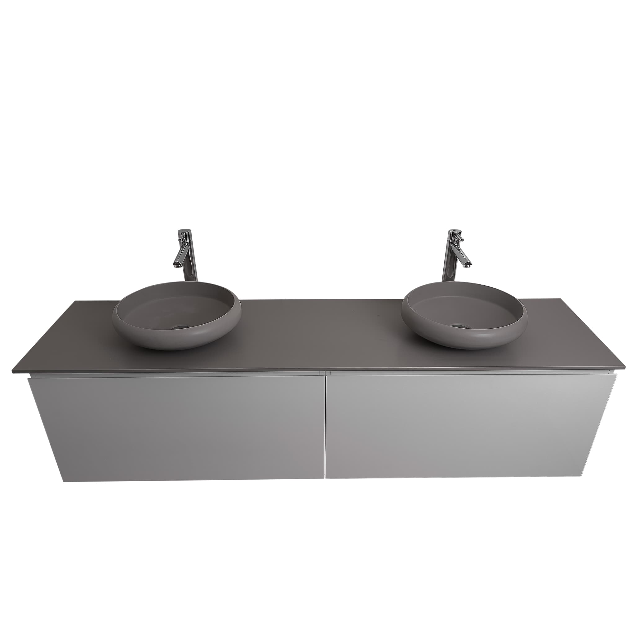 Venice 63 White High Gloss Cabinet, Solid Surface Flat Grey Counter And Two Round Solid Surface Grey Basin 1153, Wall Mounted Modern Vanity Set