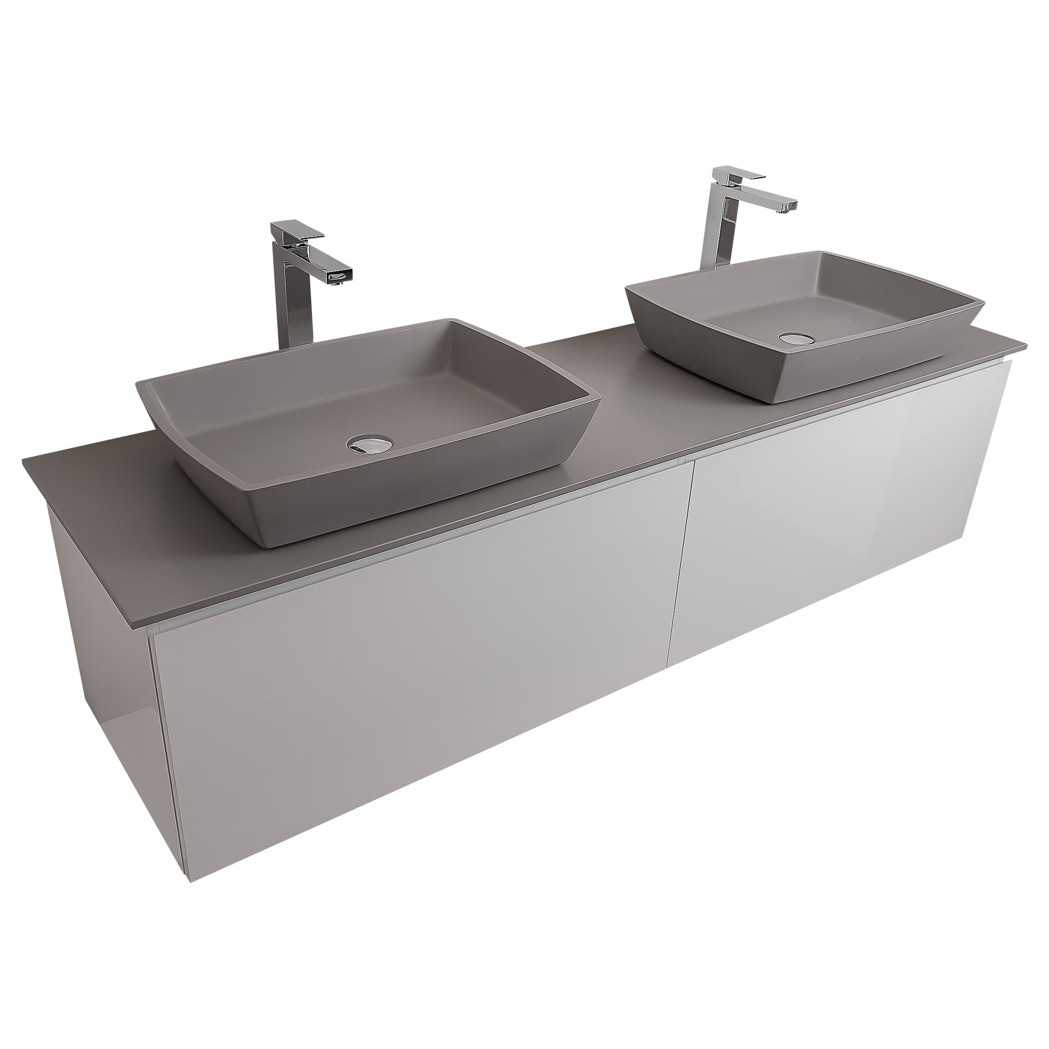 Venice 63 White High Gloss Cabinet, Solid Surface Flat Grey Counter And Two Square Solid Surface Grey Basin 1316, Wall Mounted Modern Vanity Set