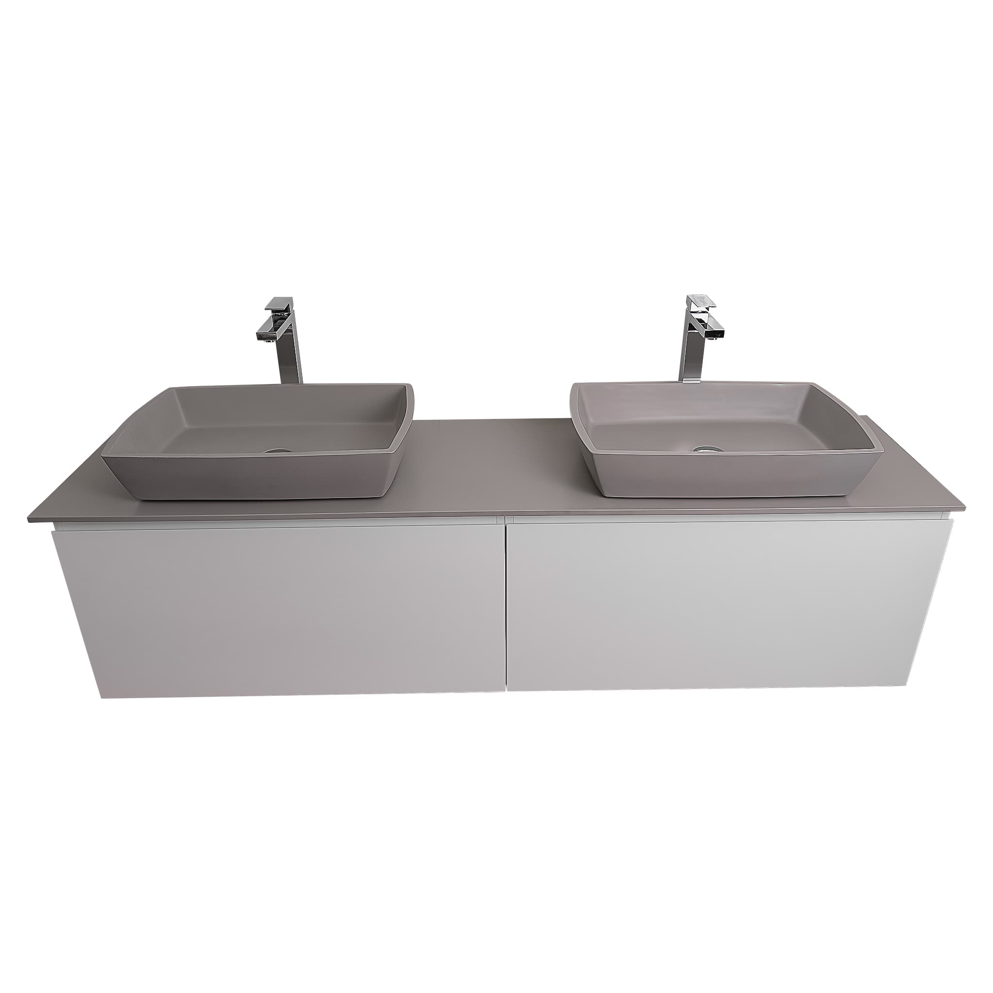 Venice 63 White High Gloss Cabinet, Solid Surface Flat Grey Counter And Two Square Solid Surface Grey Basin 1316, Wall Mounted Modern Vanity Set