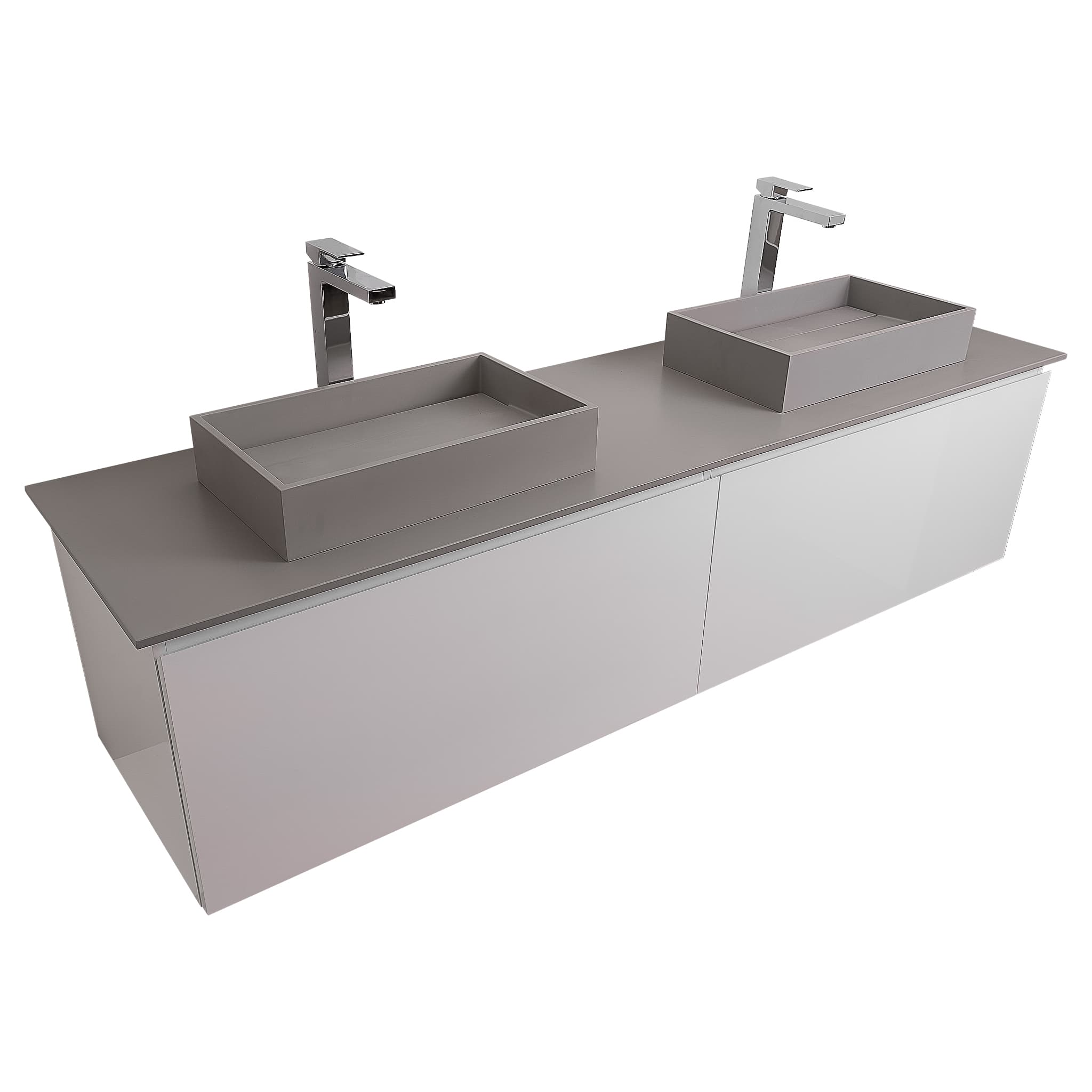 Venice 63 White High Gloss Cabinet, Solid Surface Flat Grey Counter And Two Two Infinity Square Solid Surface Grey Basin 1329, Wall Mounted Modern Vanity Set