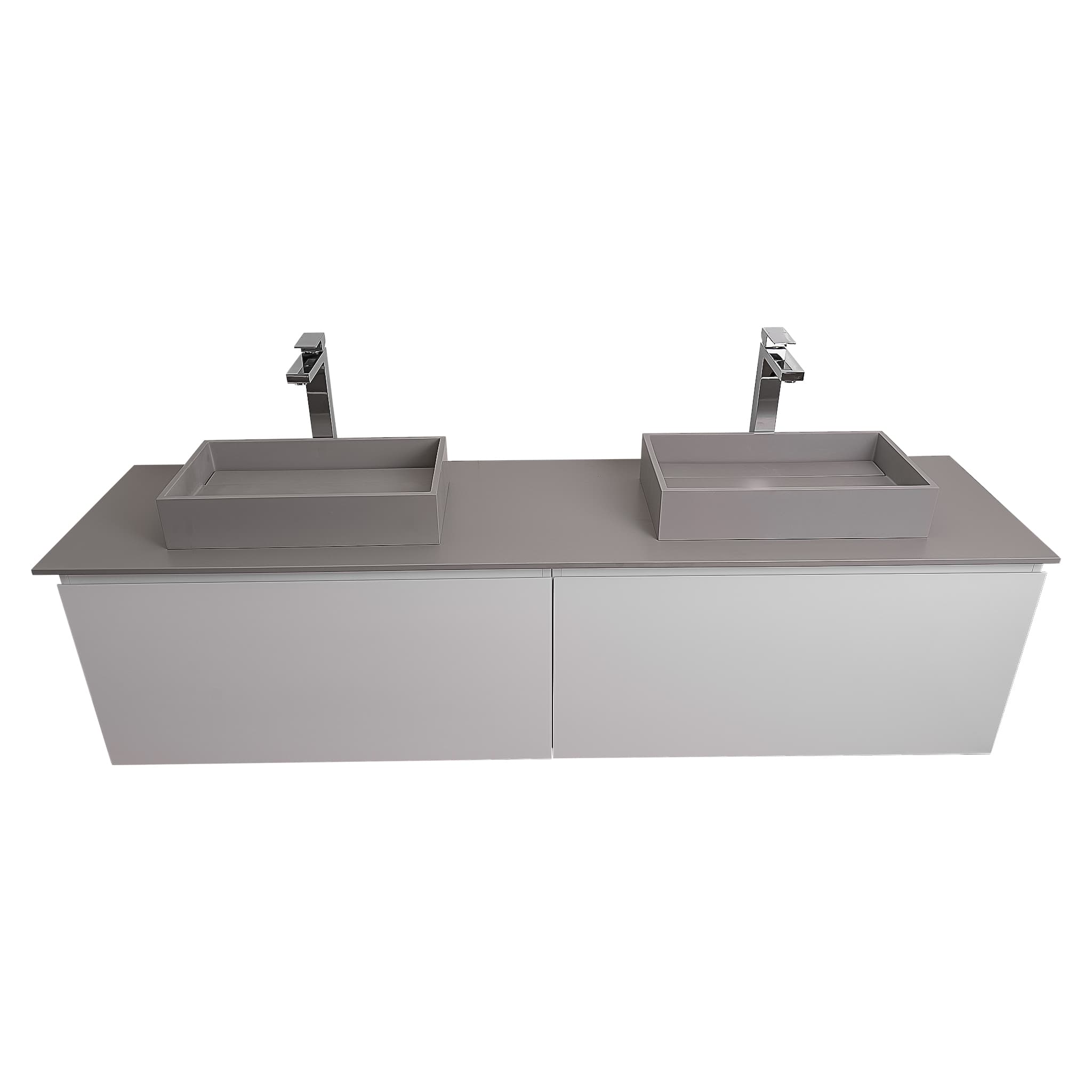 Venice 63 White High Gloss Cabinet, Solid Surface Flat Grey Counter And Two Two Infinity Square Solid Surface Grey Basin 1329, Wall Mounted Modern Vanity Set