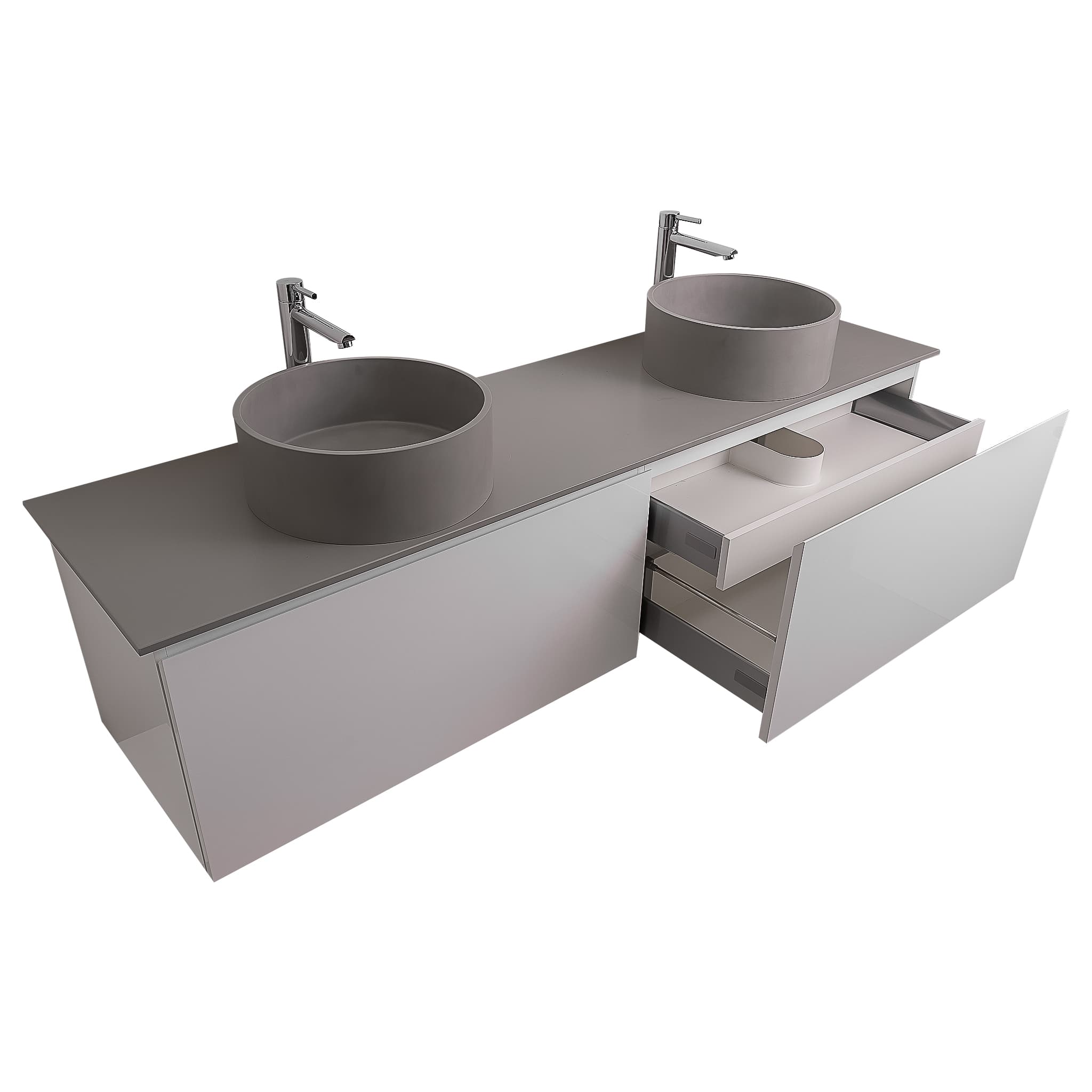 Venice 63 White High Gloss Cabinet, Solid Surface Flat Grey Counter And Two Round Solid Surface Grey Basin 1386, Wall Mounted Modern Vanity Set