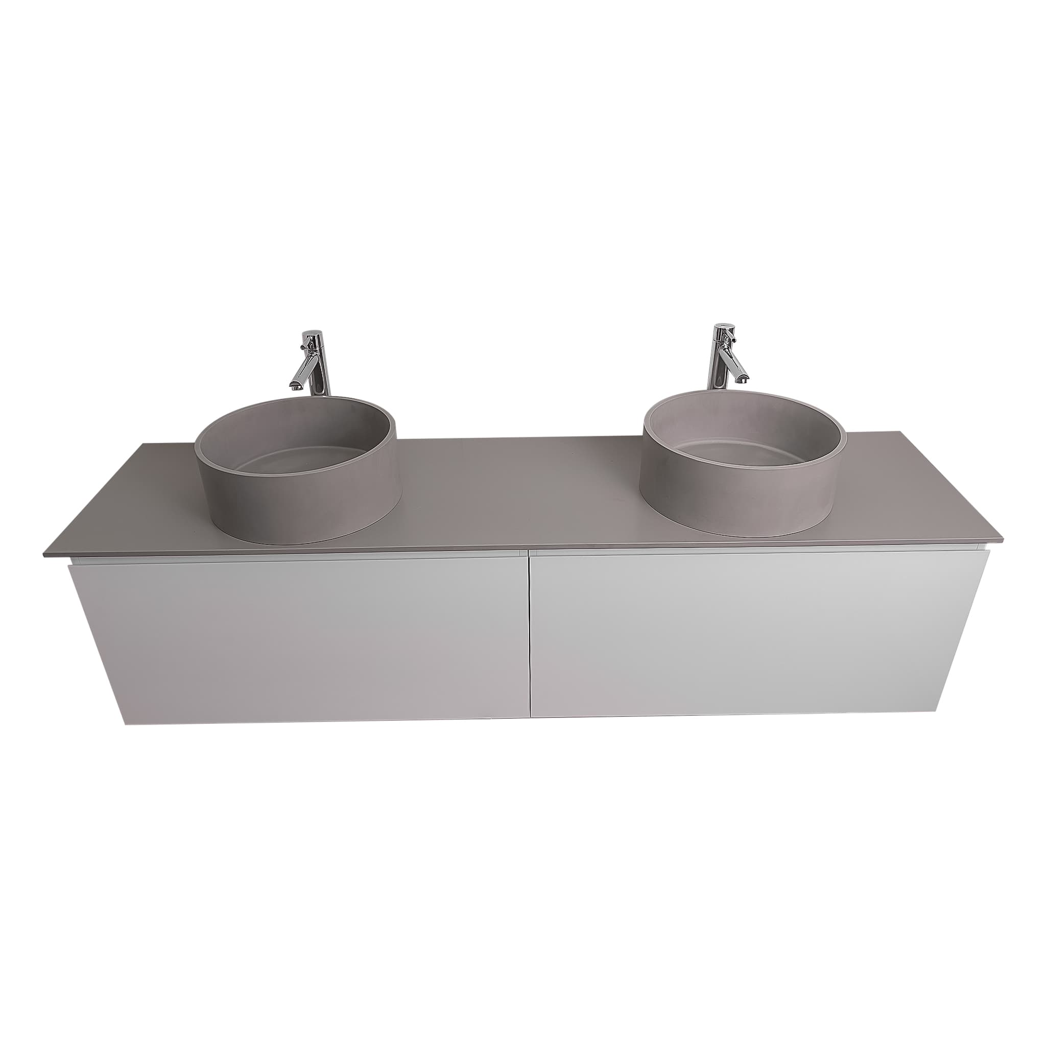 Venice 63 White High Gloss Cabinet, Solid Surface Flat Grey Counter And Two Round Solid Surface Grey Basin 1386, Wall Mounted Modern Vanity Set