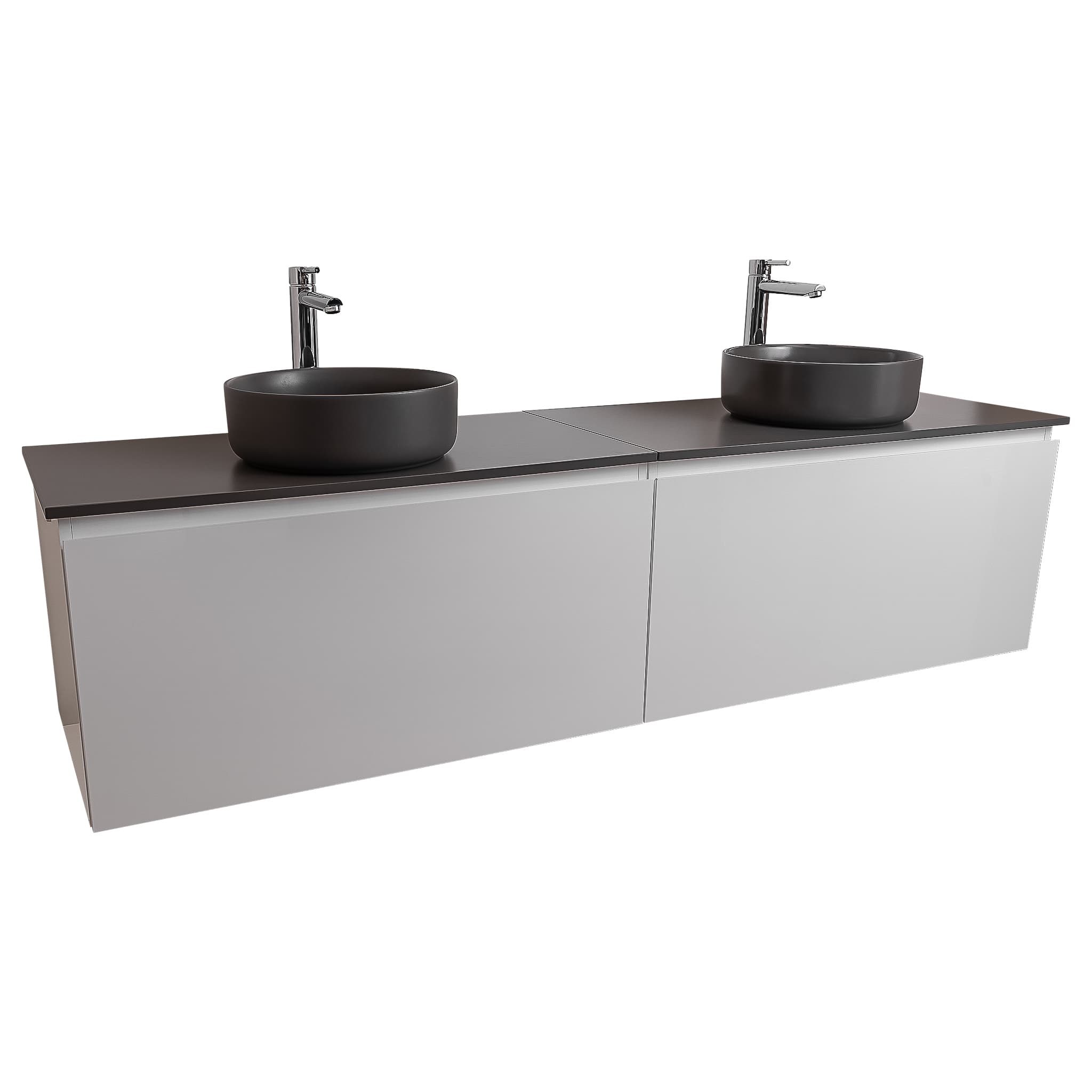Venice 63 White High Gloss Cabinet, Ares Grey Ceniza Top And Two Ares Grey Ceniza Ceramic Basin, Wall Mounted Modern Vanity Set
