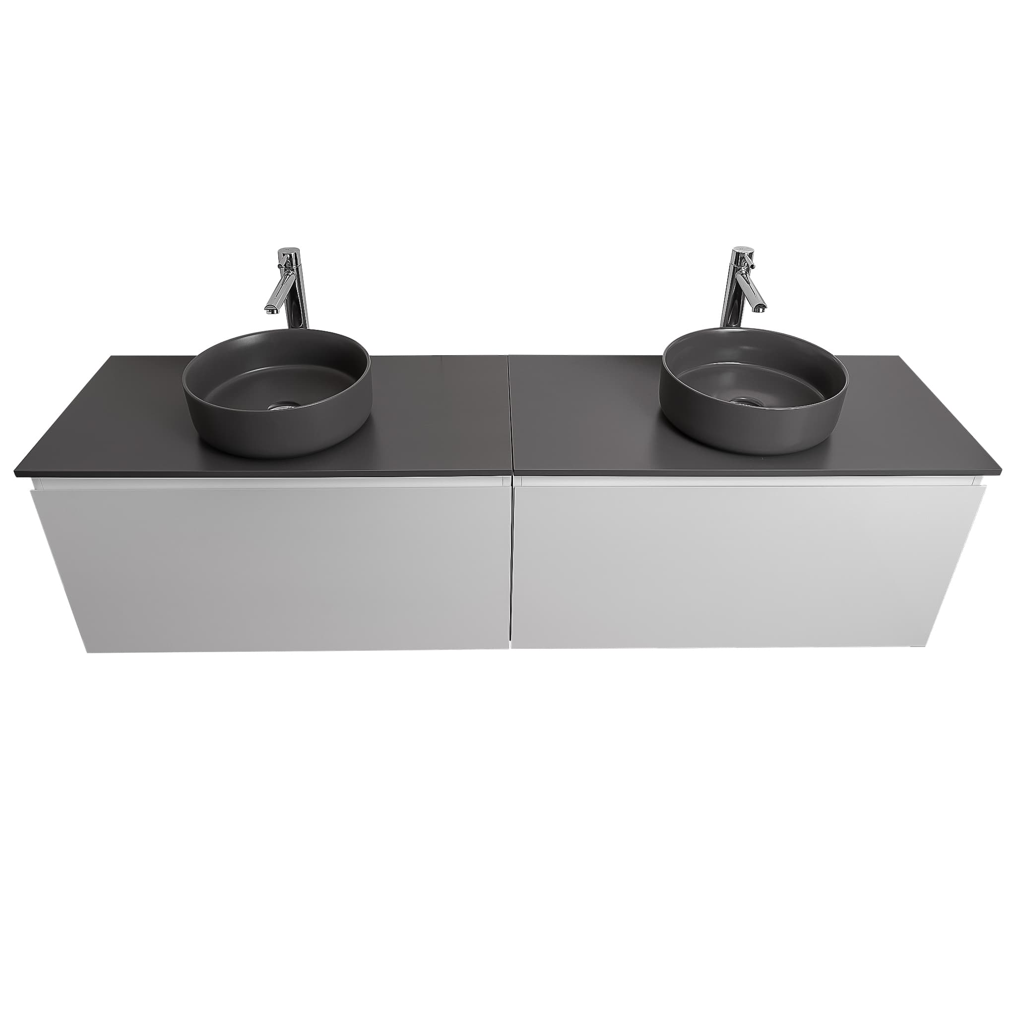 Venice 63 White High Gloss Cabinet, Ares Grey Ceniza Top And Two Ares Grey Ceniza Ceramic Basin, Wall Mounted Modern Vanity Set