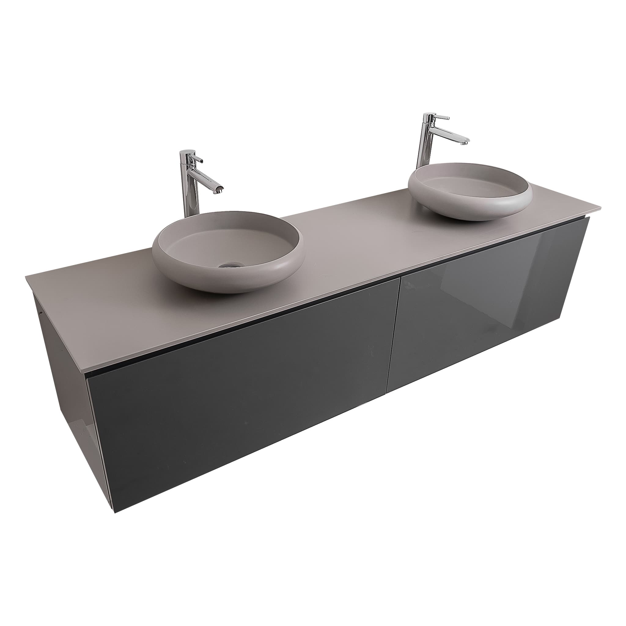 Venice 72 Anthracite High Gloss Cabinet, Solid Surface Flat Grey Counter And Two Round Solid Surface Grey Basin 1153, Wall Mounted Modern Vanity Set