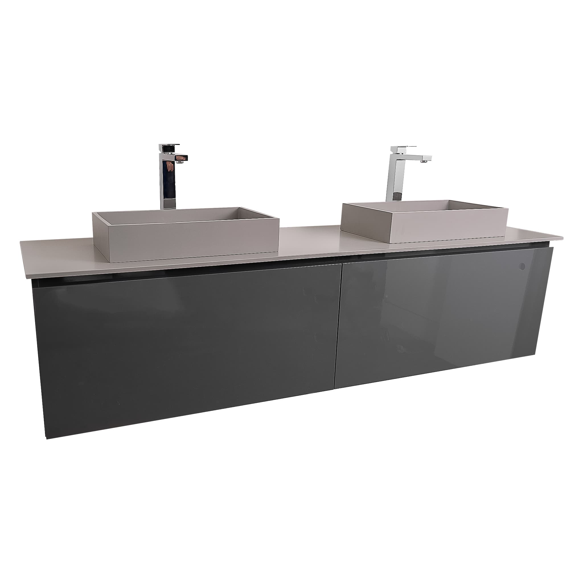 Venice 72 Anthracite High Gloss Cabinet, Solid Surface Flat Grey Counter And Two Two Infinity Square Solid Surface Grey Basin 1329, Wall Mounted Modern Vanity Set