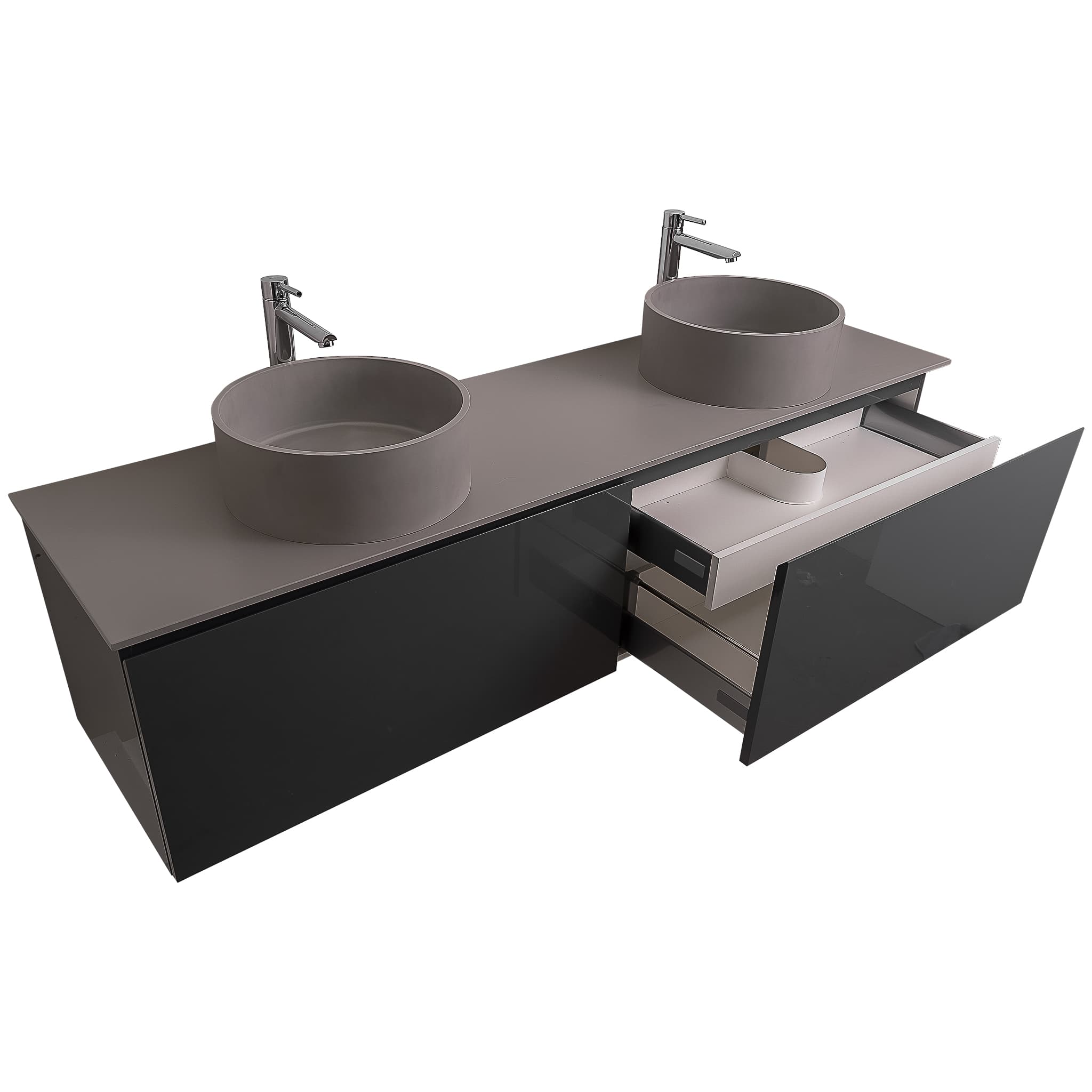 Venice 72 Anthracite High Gloss Cabinet, Solid Surface Flat Grey Counter And Two Round Solid Surface Grey Basin 1386, Wall Mounted Modern Vanity Set
