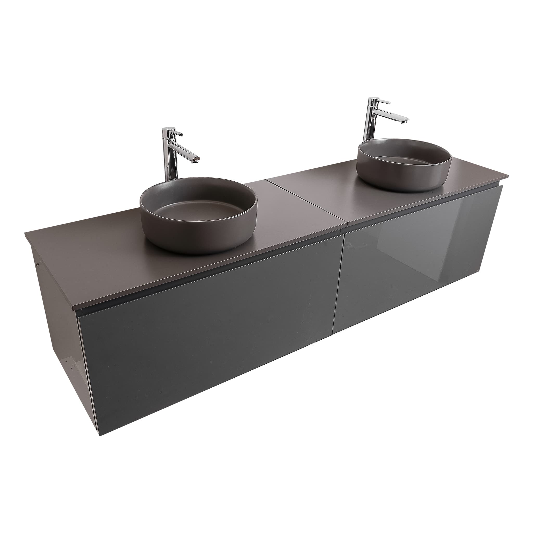Venice 72 Anthracite High Gloss Cabinet, Ares Grey Ceniza Top And Two Ares Grey Ceniza Ceramic Basin, Wall Mounted Modern Vanity Set