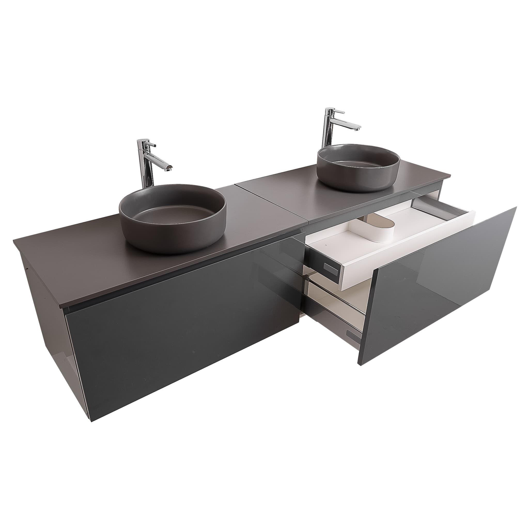 Venice 72 Anthracite High Gloss Cabinet, Ares Grey Ceniza Top And Two Ares Grey Ceniza Ceramic Basin, Wall Mounted Modern Vanity Set