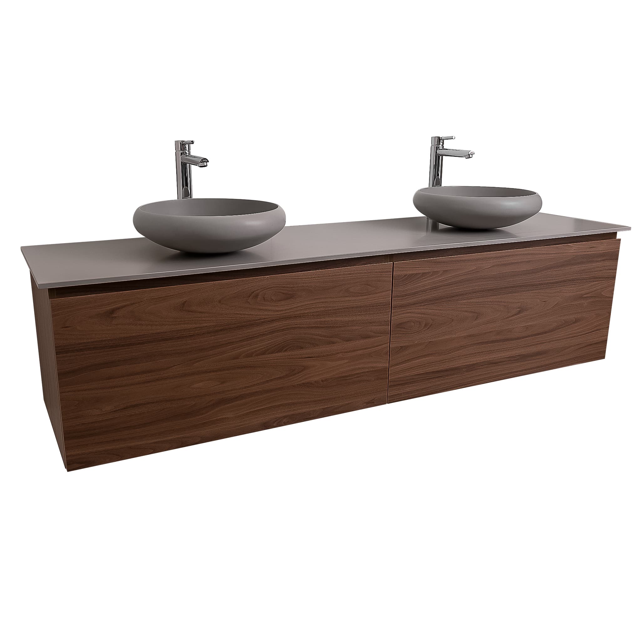 Venice 72 Walnut Wood Texture Cabinet, Solid Surface Flat Grey Counter And Two Round Solid Surface Grey Basin 1153, Wall Mounted Modern Vanity Set