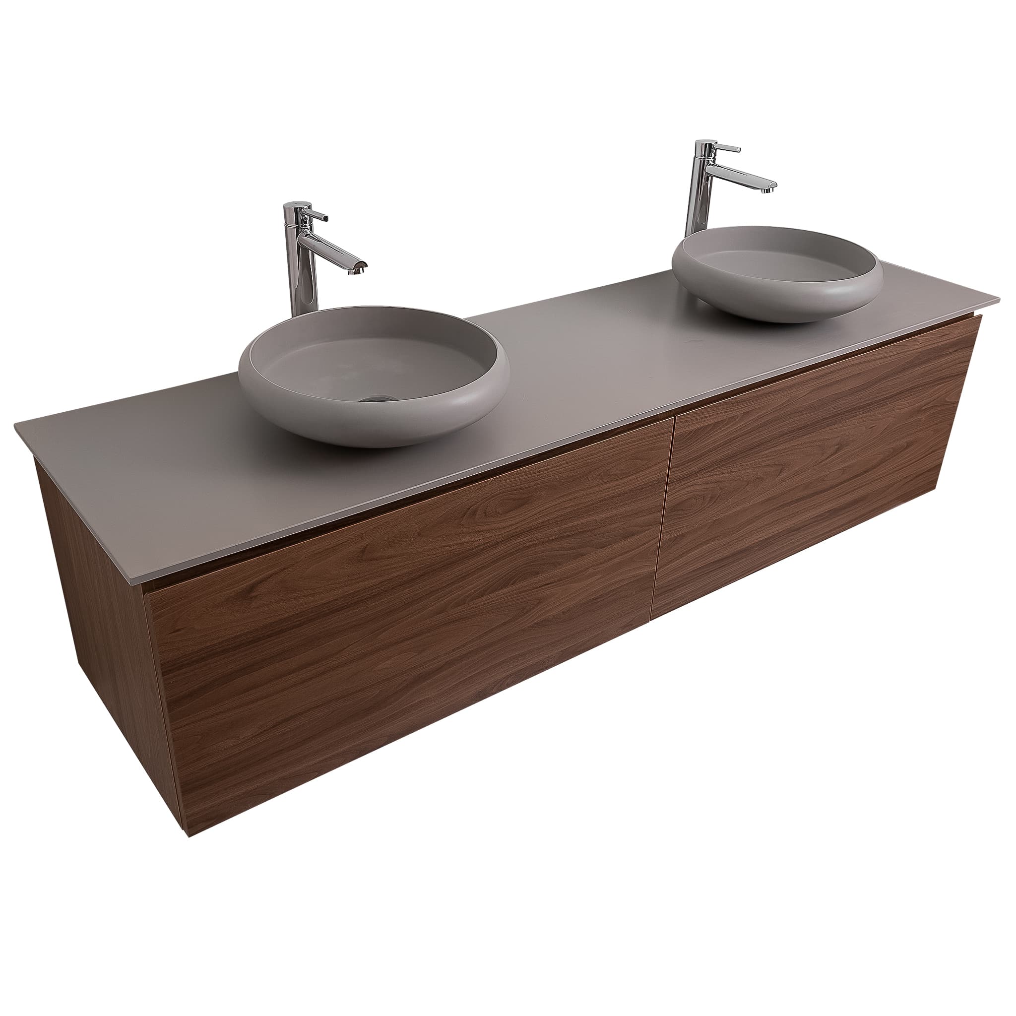 Venice 72 Walnut Wood Texture Cabinet, Solid Surface Flat Grey Counter And Two Round Solid Surface Grey Basin 1153, Wall Mounted Modern Vanity Set