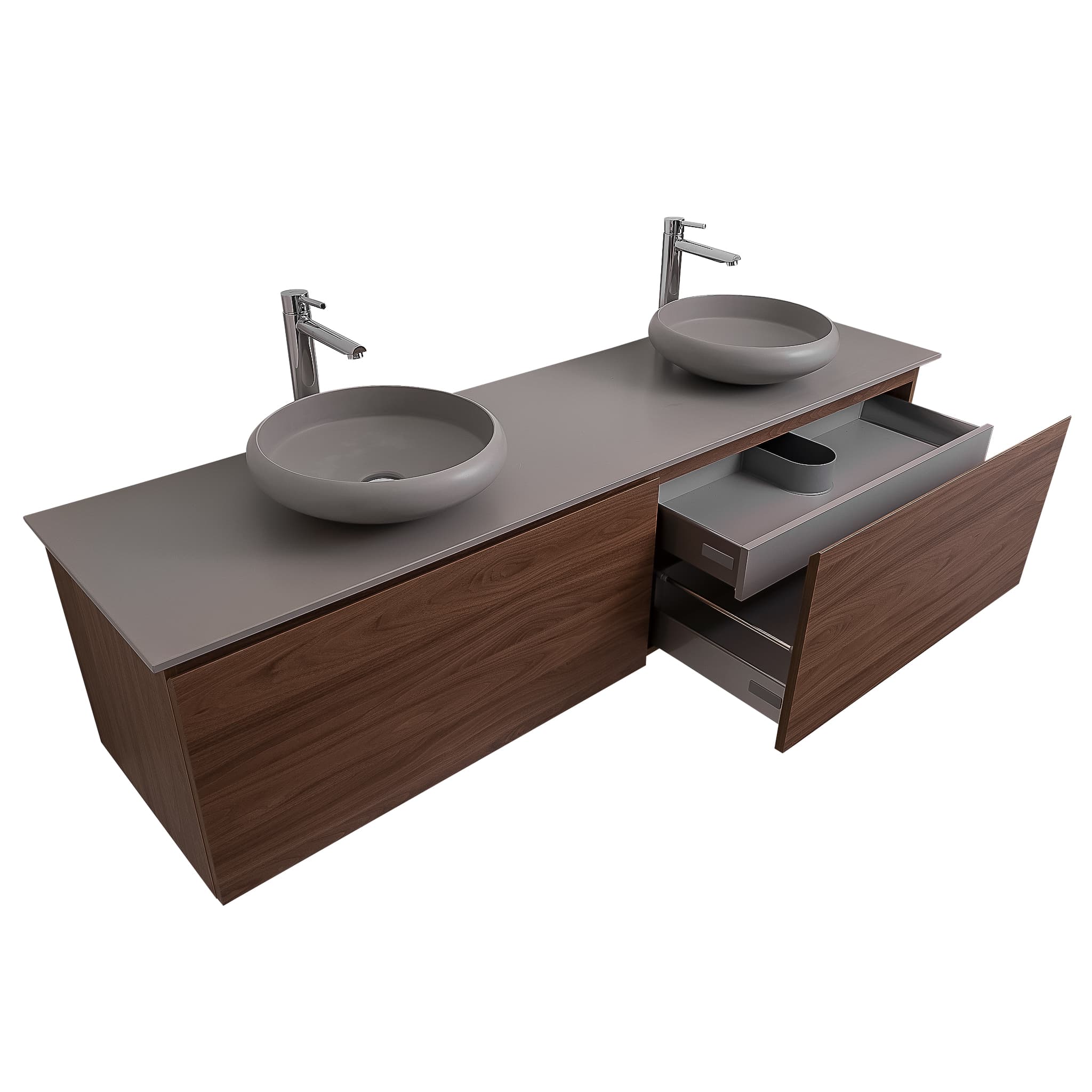 Venice 72 Walnut Wood Texture Cabinet, Solid Surface Flat Grey Counter And Two Round Solid Surface Grey Basin 1153, Wall Mounted Modern Vanity Set