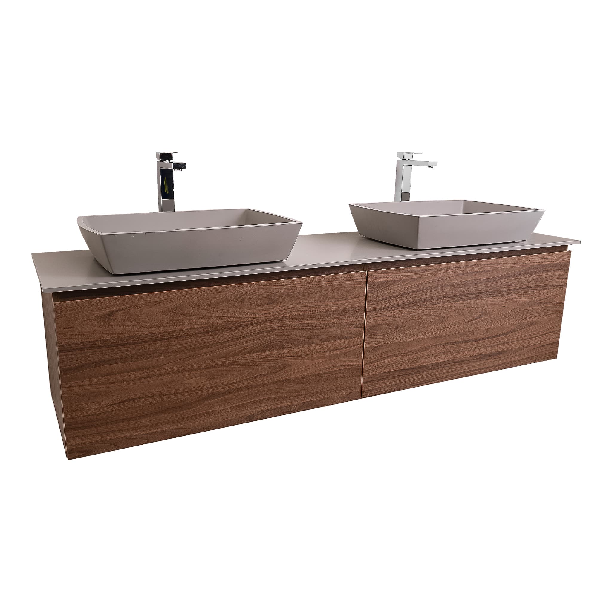 Venice 72 Walnut Wood Texture Cabinet, Solid Surface Flat Grey Counter And Two Square Solid Surface Grey Basin 1316, Wall Mounted Modern Vanity Set