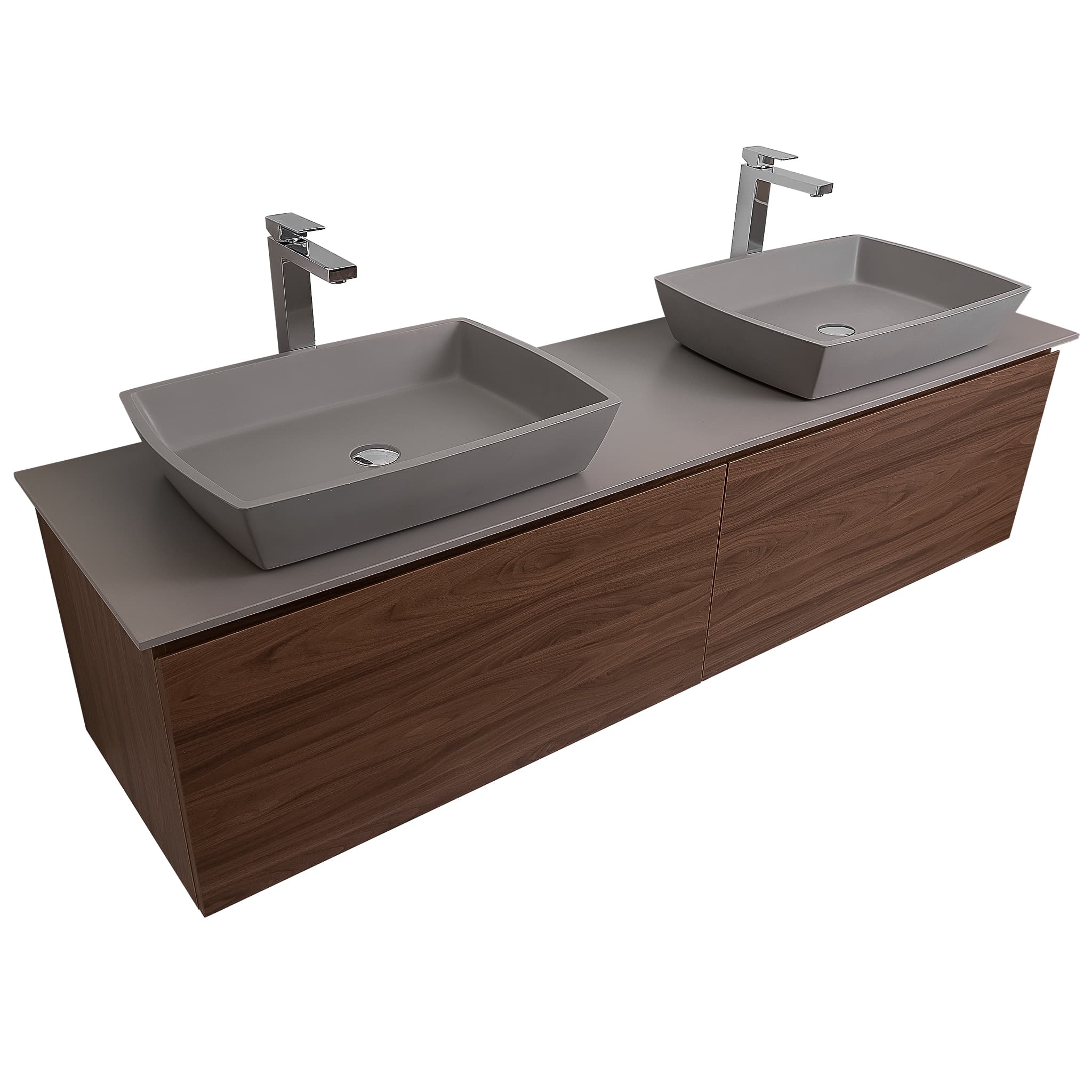 Venice 72 Walnut Wood Texture Cabinet, Solid Surface Flat Grey Counter And Two Square Solid Surface Grey Basin 1316, Wall Mounted Modern Vanity Set
