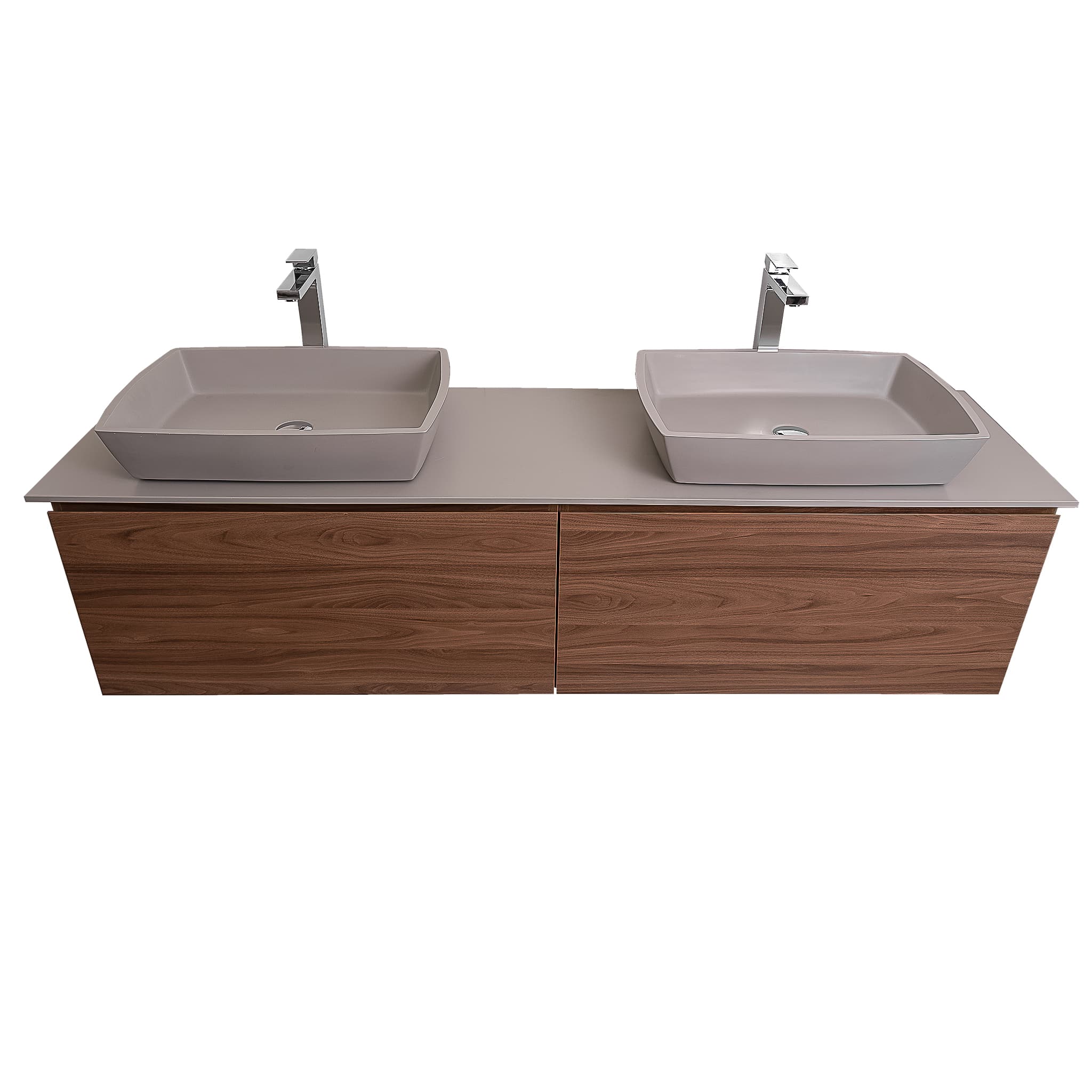 Venice 72 Walnut Wood Texture Cabinet, Solid Surface Flat Grey Counter And Two Square Solid Surface Grey Basin 1316, Wall Mounted Modern Vanity Set