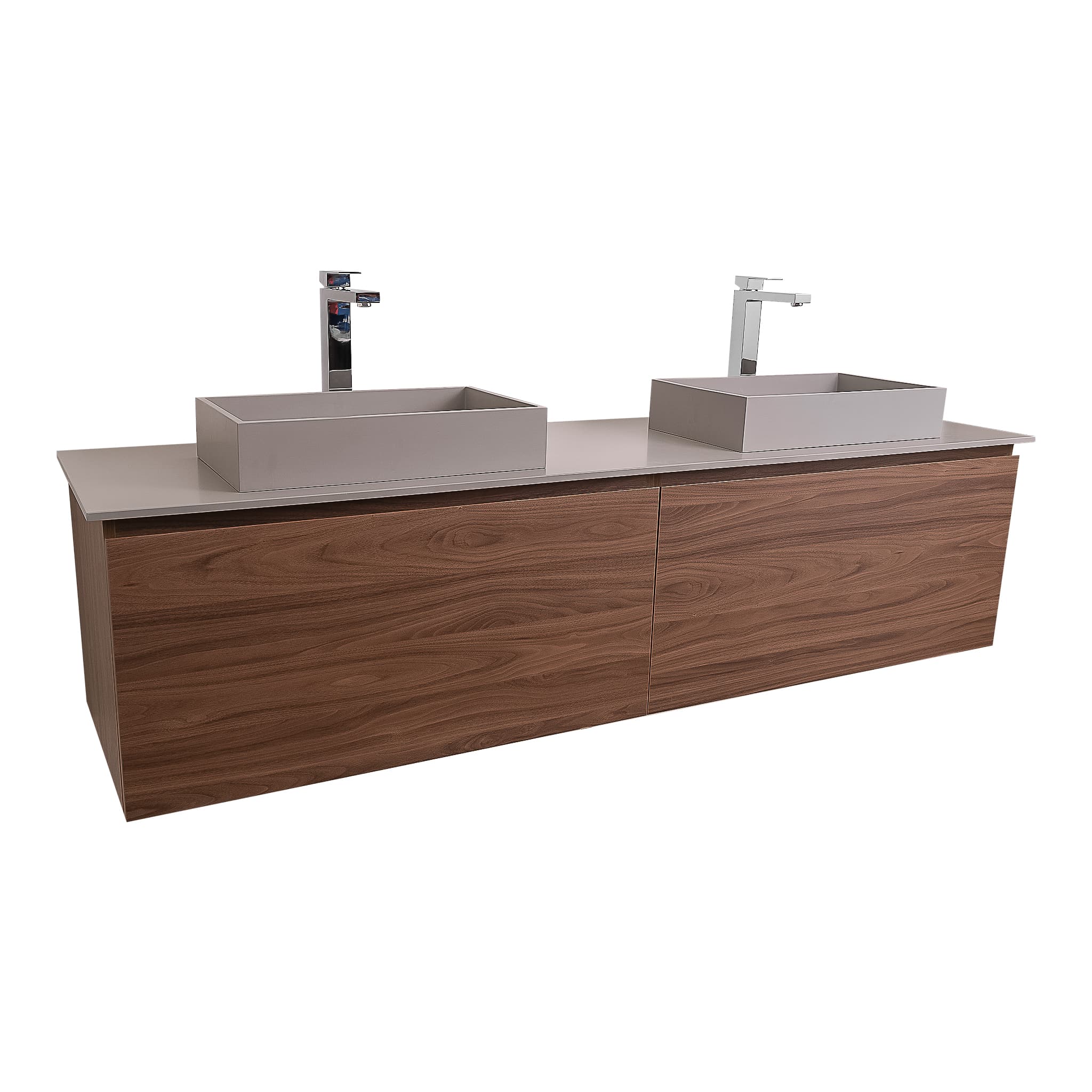Venice 72 Walnut Wood Texture Cabinet, Solid Surface Flat Grey Counter And Two Two Infinity Square Solid Surface Grey Basin 1329, Wall Mounted Modern Vanity Set