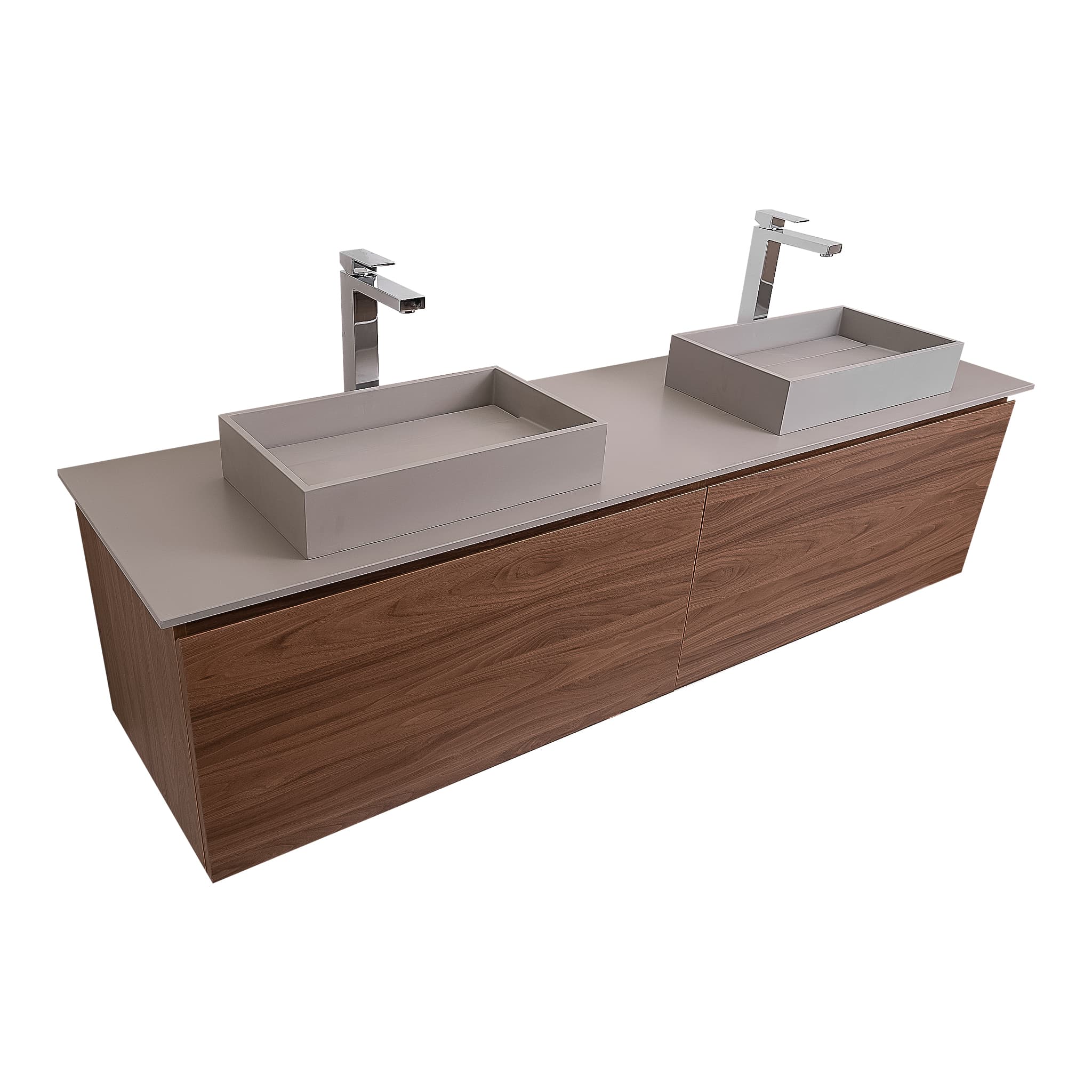 Venice 72 Walnut Wood Texture Cabinet, Solid Surface Flat Grey Counter And Two Two Infinity Square Solid Surface Grey Basin 1329, Wall Mounted Modern Vanity Set