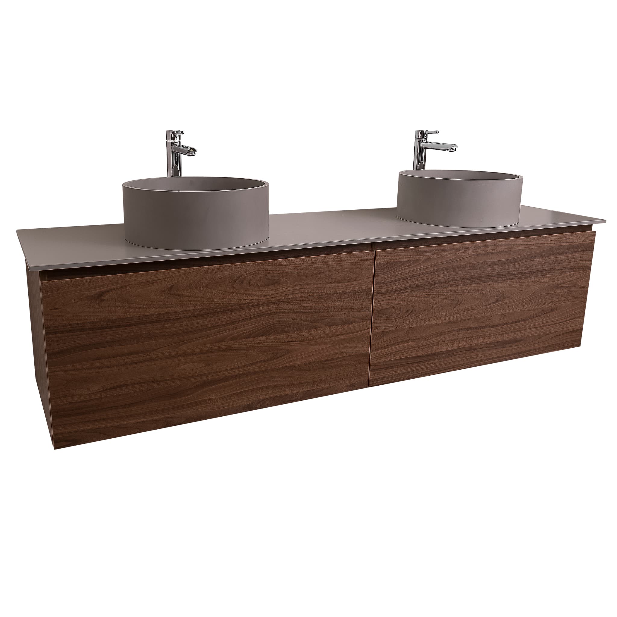 Venice 72 Walnut Wood Texture Cabinet, Solid Surface Flat Grey Counter And Two Round Solid Surface Grey Basin 1386, Wall Mounted Modern Vanity Set