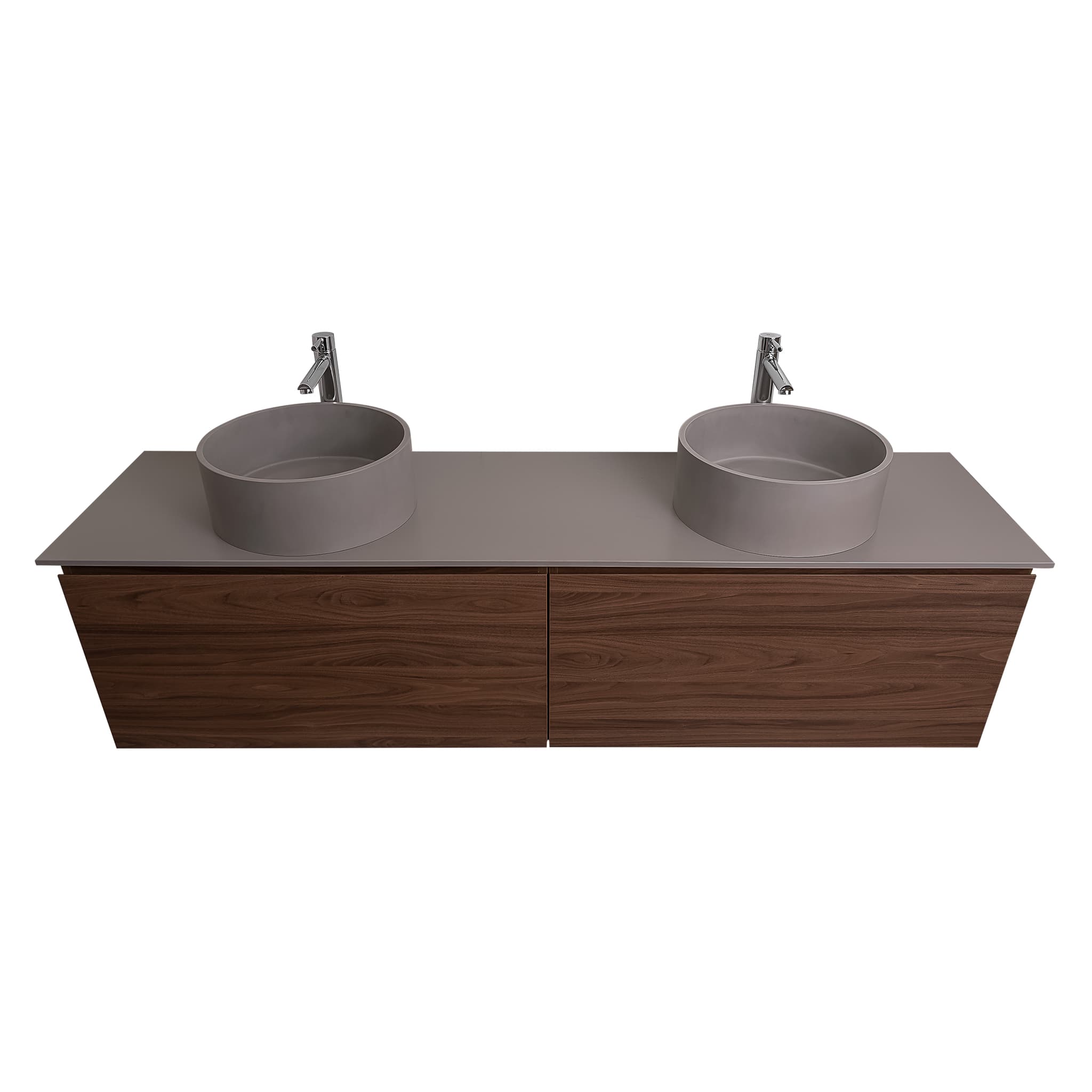 Venice 72 Walnut Wood Texture Cabinet, Solid Surface Flat Grey Counter And Two Round Solid Surface Grey Basin 1386, Wall Mounted Modern Vanity Set