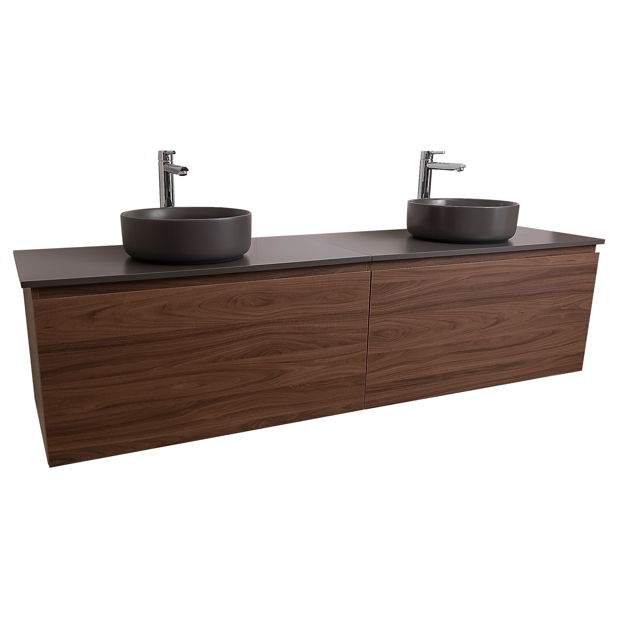 Venice 72 Walnut Wood Texture Cabinet, Ares Grey Ceniza Top And Two Ares Grey Ceniza Ceramic Basin, Wall Mounted Modern Vanity Set