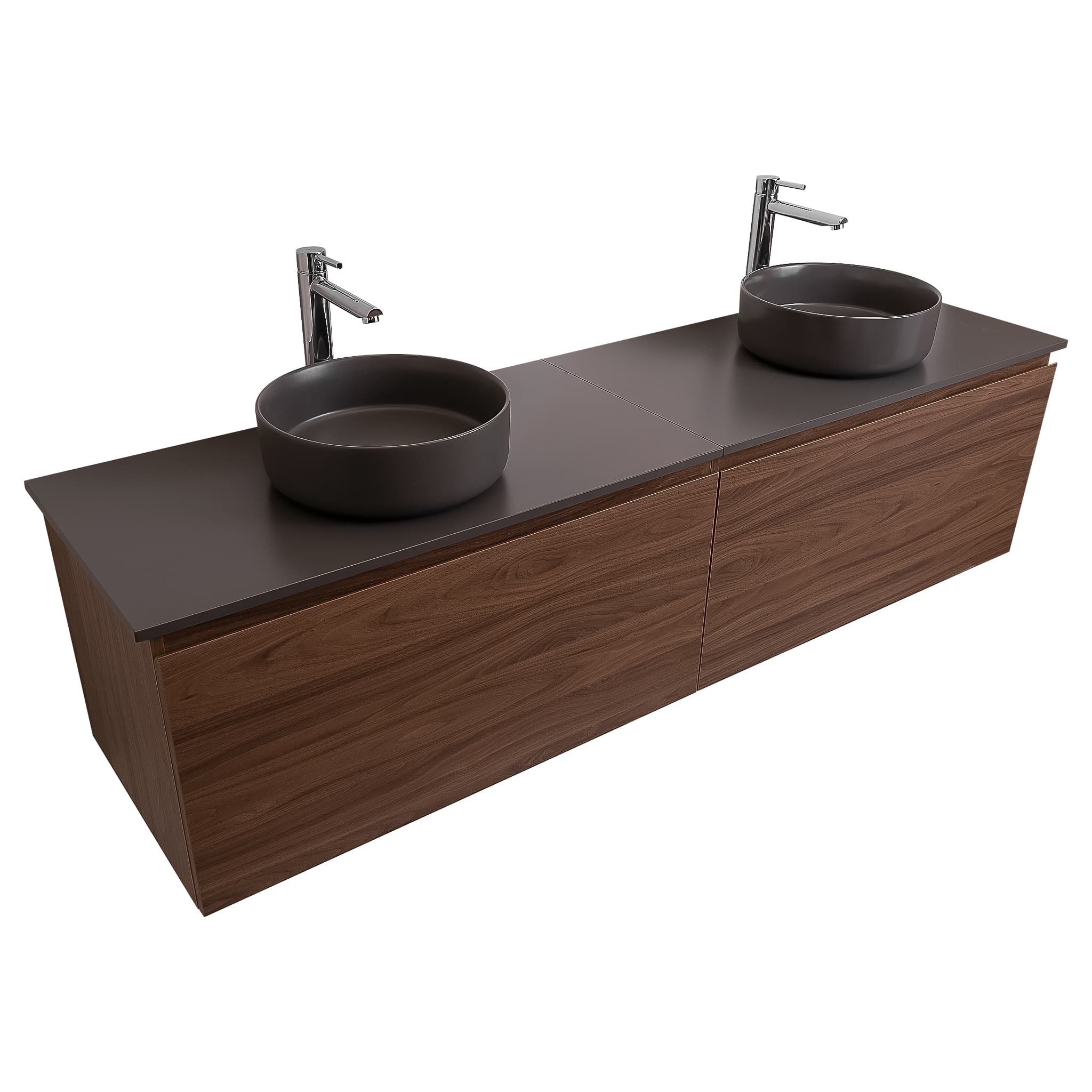 Venice 72 Walnut Wood Texture Cabinet, Ares Grey Ceniza Top And Two Ares Grey Ceniza Ceramic Basin, Wall Mounted Modern Vanity Set